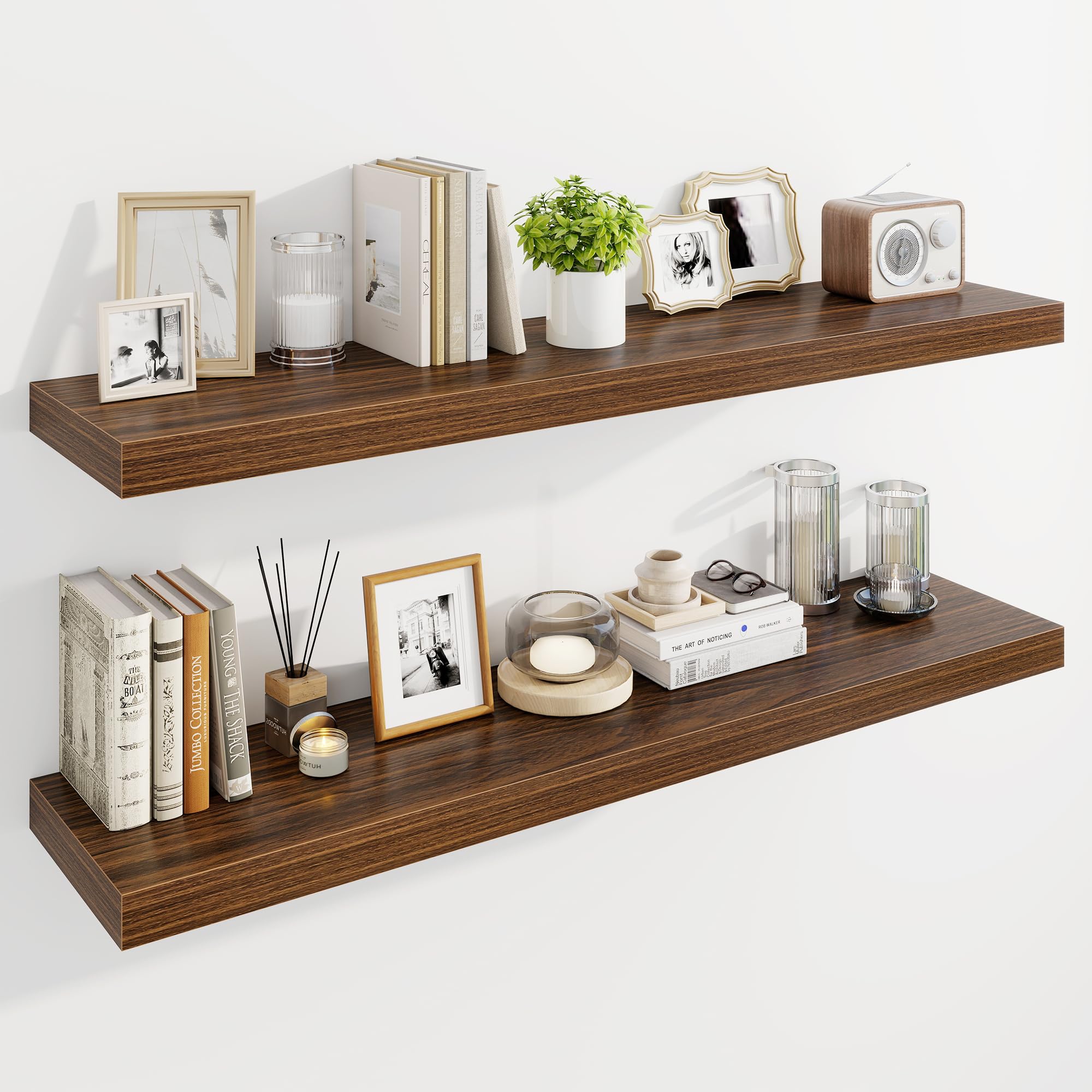 Marsmiles 120cm Floating Shelves for Wall, Wooden Shelves with Invisible Brackets Set of 2, Rustic Farmhouse Wall Mounted Shelf for Kitchen Bathroom Living Room Study, Walnut โ image 1