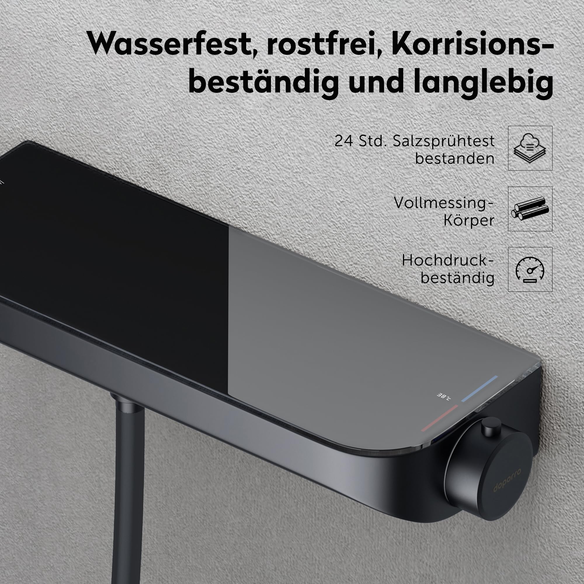 doporro Thermostat Badewannenarmatur mit Handbrause Matt Schwarz | Wannenarmatur aus Messing, Wannenthermostat 4 Strahlarten, Wasserfall-Auslauf Wandarmature mit 1,5m Brauseschlauch Oryntex-03