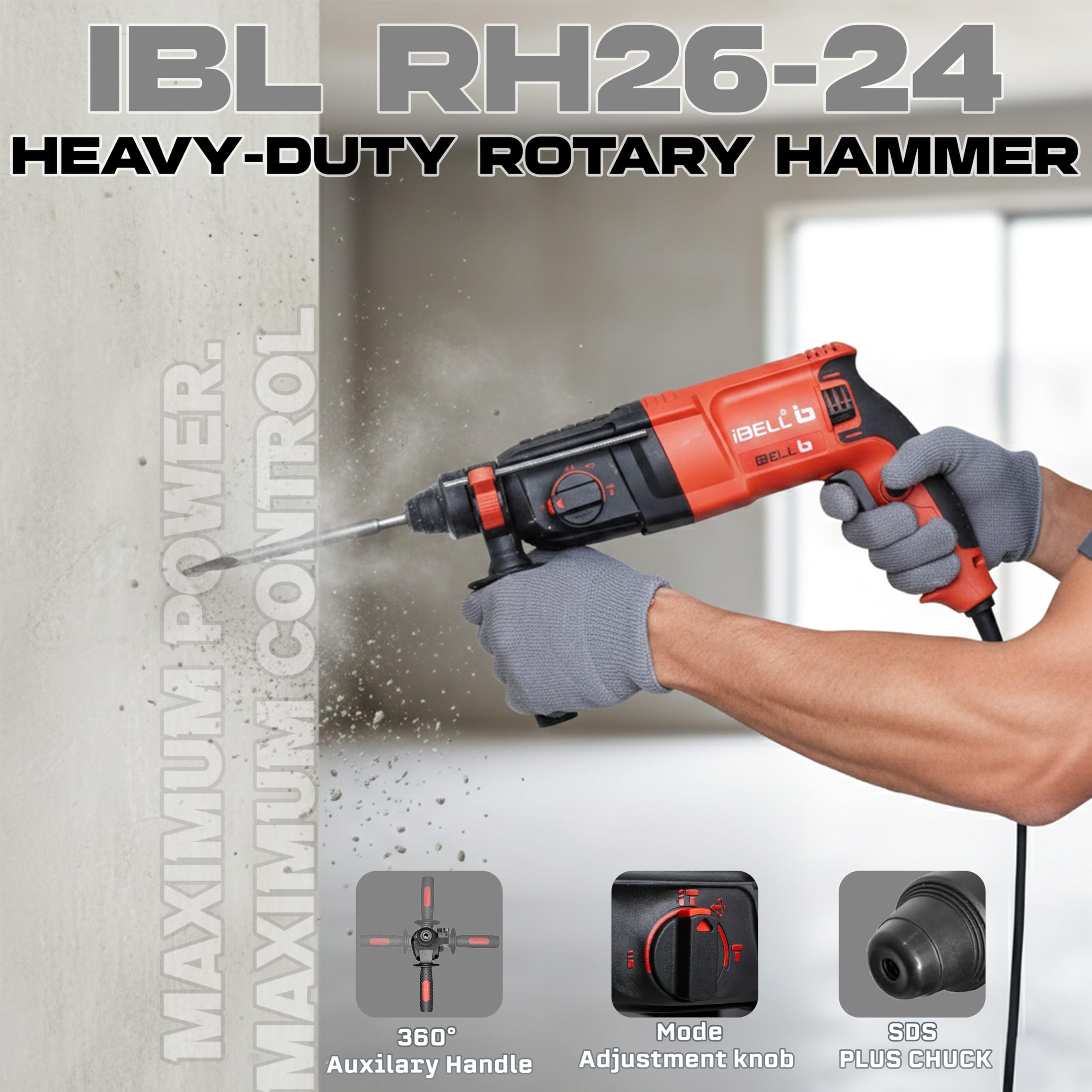 IBELL Taladro percutor rotatorio RH26-24, 800 W, armadura de cobre, portabrocas SDS Plus de 26 mm, 900 RPM, energía de impacto 3J, velocidad de impacto 4000/min Negro rojo