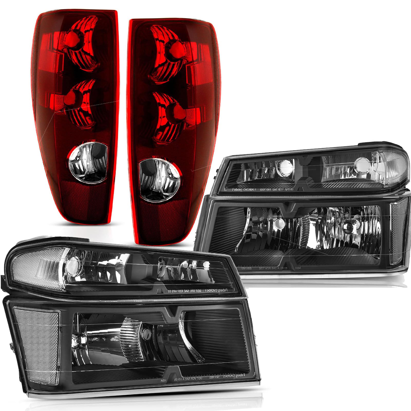 APSVE Headlights Tail Lights Compatible with 2004-2012 Chevy Colorado/GMC Canyon, 2006-2008 Isuzu I-Series Replacement Headlight Rear Brake Lamp Assembly, Black Housing Clear Corner, 6pcs