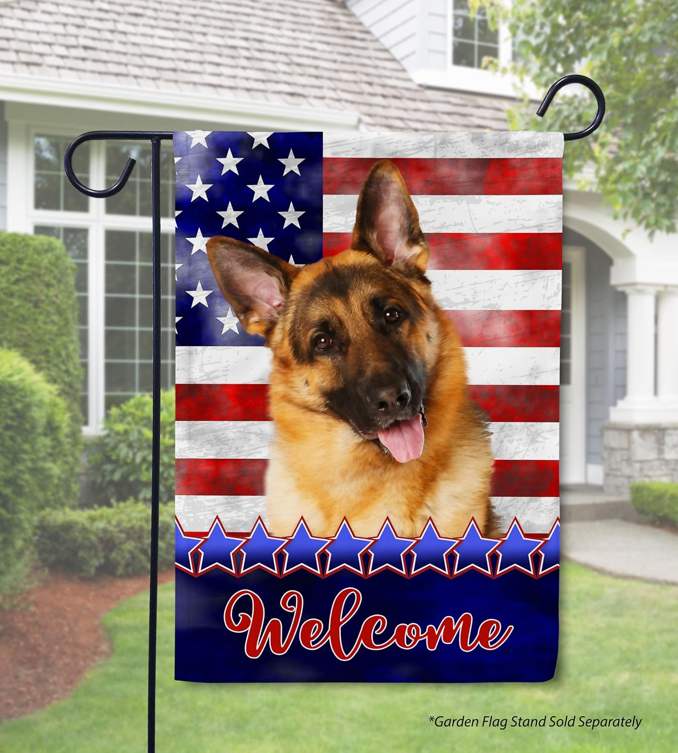 Flagology, Stars and Stripes German Shepherd – Garden Flag 12" x 18", Outdoor Flag, Exclusive Premium Fabric, Patriotic, July 4th, Dog, German Shepherd