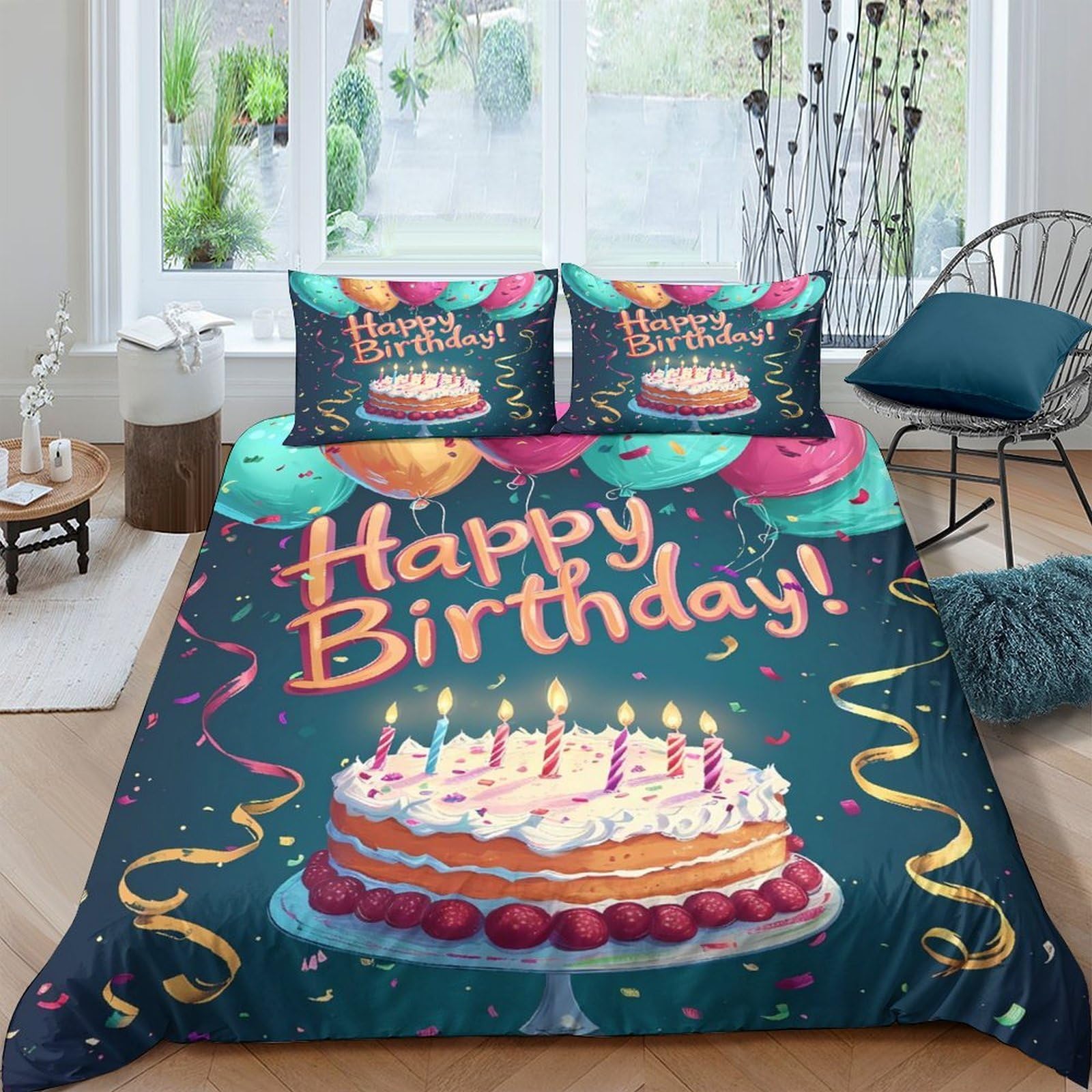 Ctjqhvkz Style-3 3D Printed Birthday Cake Fitted Sheet Microfiber Colorful Balloons Bed Cover For Bedroom Dorm Anti-Slip Washable Single（135X200cm）