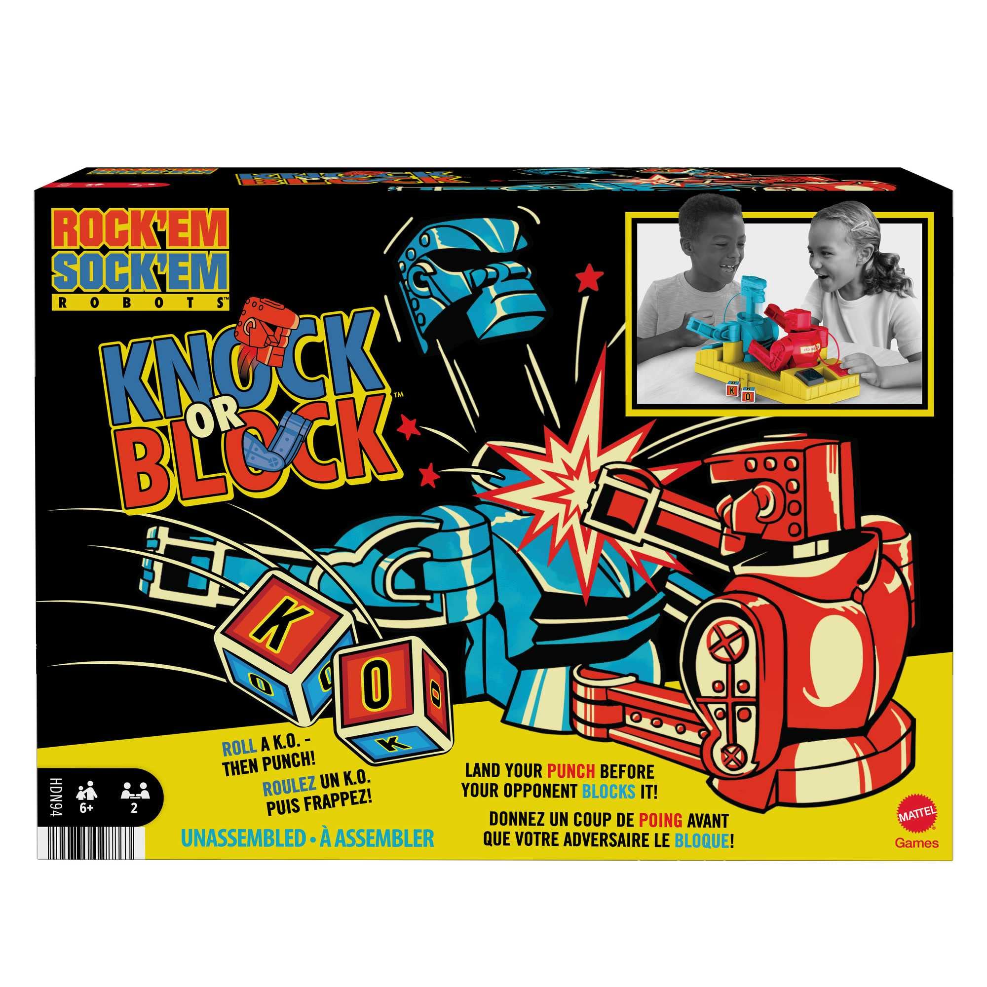 Walczące roboty Uderzaj lub blokuj Gra bokserska z ręcznie sterowanymi figurkami Red Rocker i Blue Bomber na ringu, prezent dla dzieci od 6 roku życia, HDN94