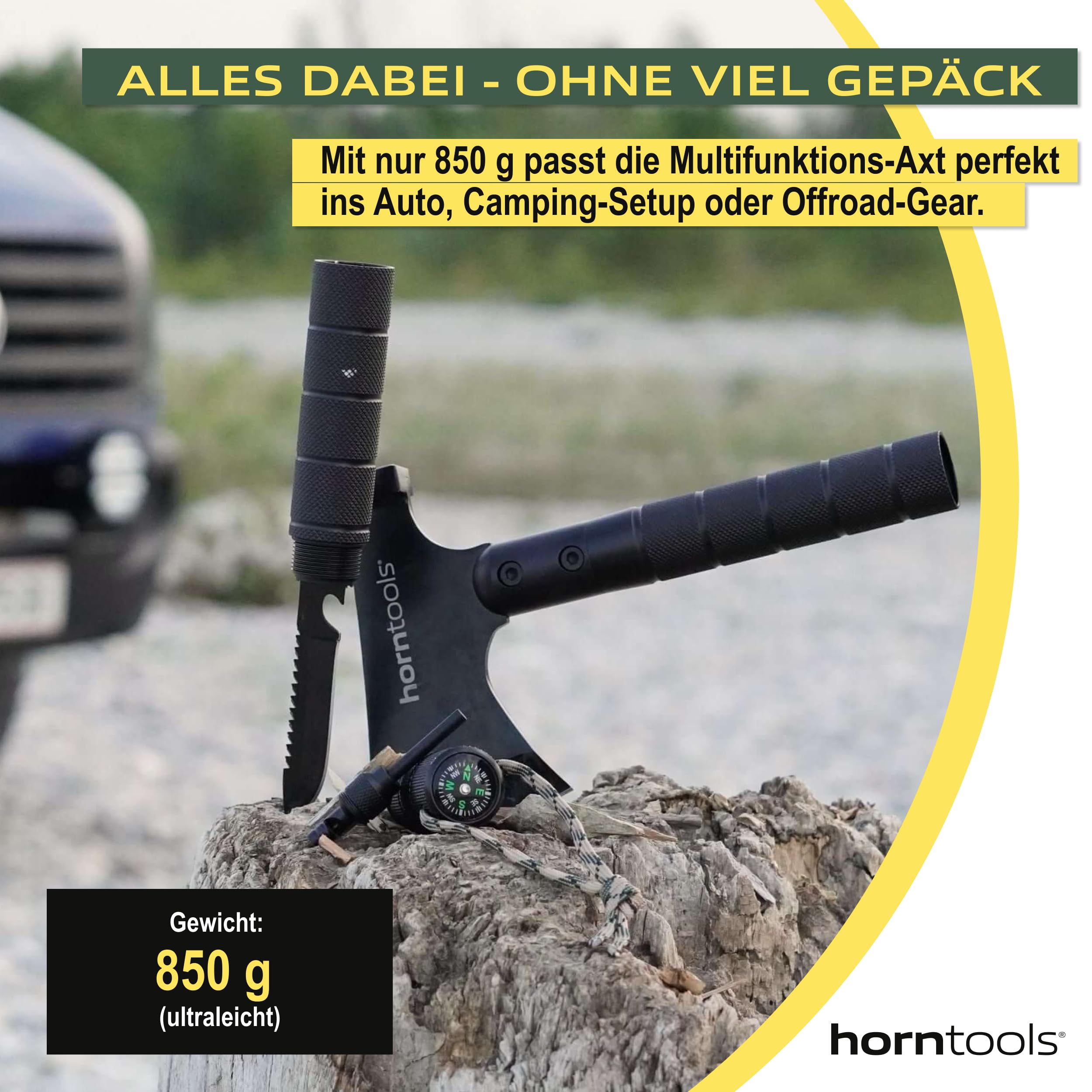 HORNTOOLS Outdoor Axt Survivor - Handbeil Set für Camping, Wandern & Outdoor - Multitool Camping Beil mit Hammer, Säge, Messer, Kompass, Feuerstein, Alarmpfeife, Körner - 850g, 34cm