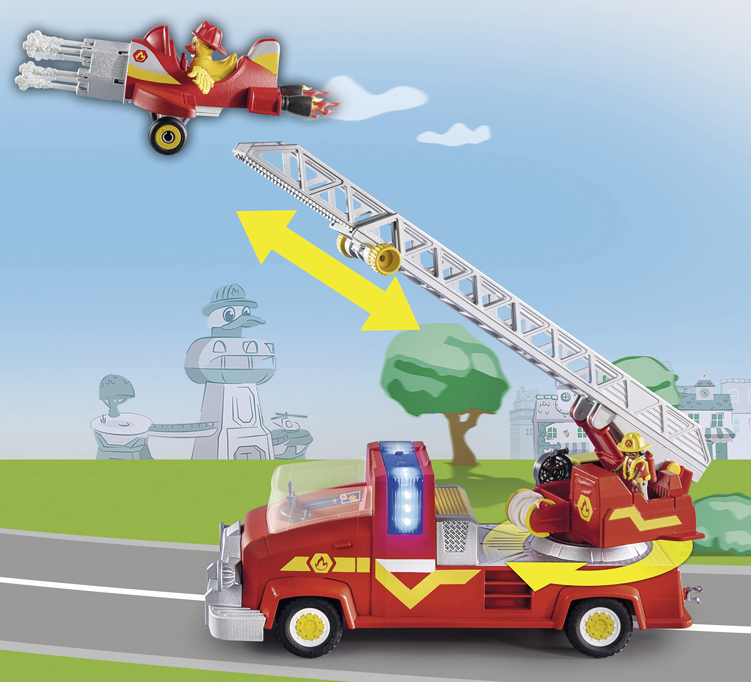 PLAYMOBIL Duck ON Call 70911 Camión de Bomberos con miniavión, con luz y Sonido, Juguete para niños a Partir de 3 años