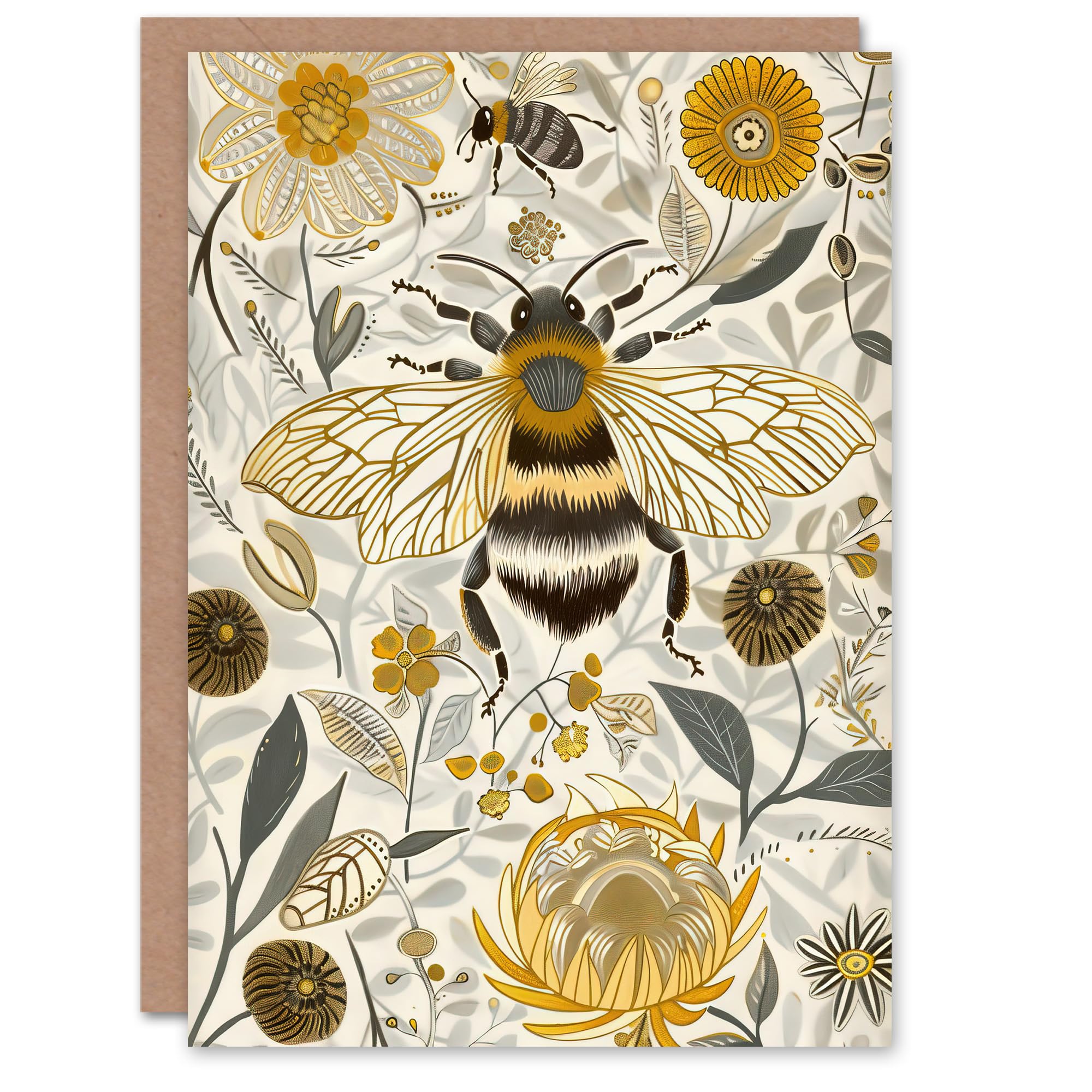 Artery8 Greeting Card Honey Bee Flowers Bright Stylised Floral Design For Her Woman Birthday Card