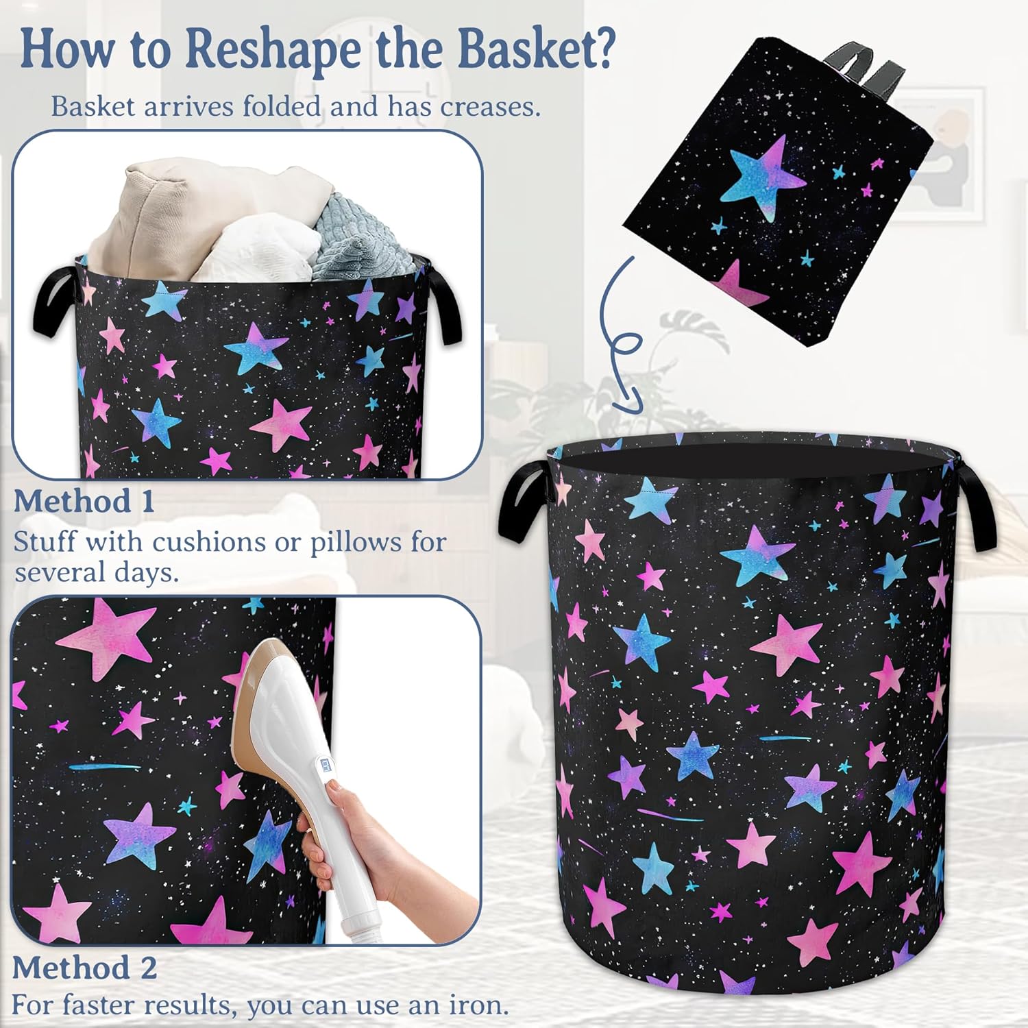 Blue Pink Stars Laundry Basket,Oxford Cloth Laundry Hamper With Handle Foldable Portable Clothes Storage Basket for Laundry Room/Bedroom/Bathroom 20.8"x16"