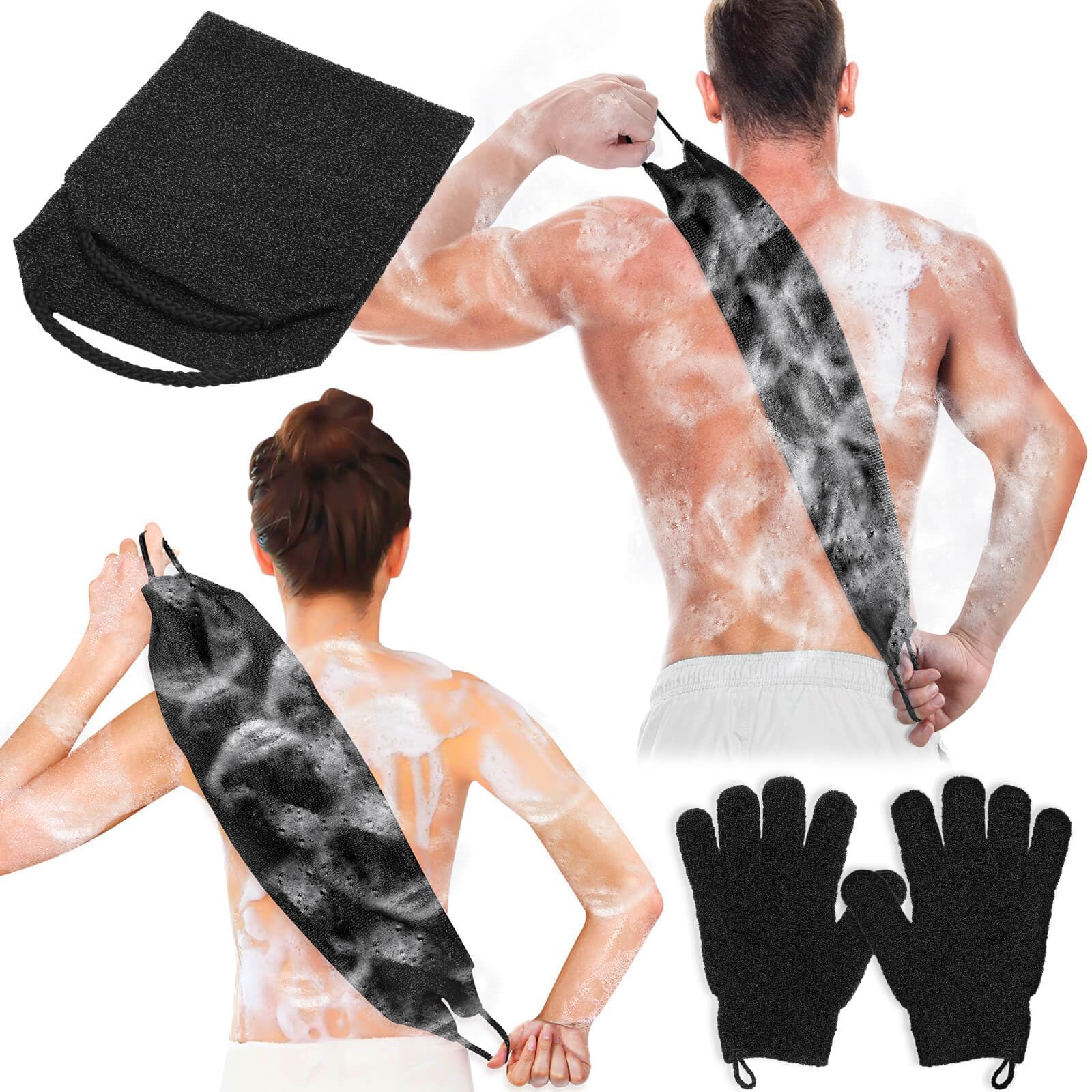 – Exfoliating Back Scrubber Bath Gloves Set, Exfoliating Shower Towel with Shower Gloves for Body Scrub, Back Cleaner Wash Gloves to Remove Dead Skin (Black)