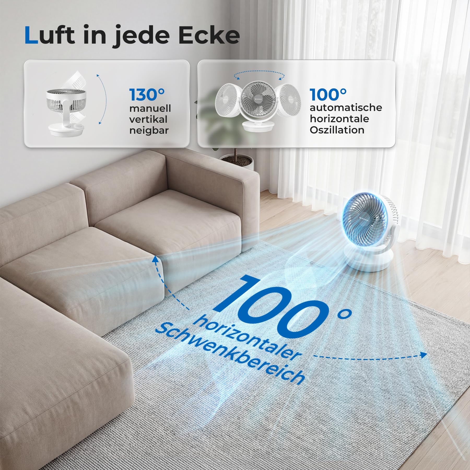 Ateroll Ventilator Leise, Tischventilator, 3D Turbo-Luftzirkulator mit 3 Geschwindigkeitsstufen, 130° Vertikal & 100° Horizontal Oszillation, Leiser Tischventilator für Wohnzimmer und Schreibtische