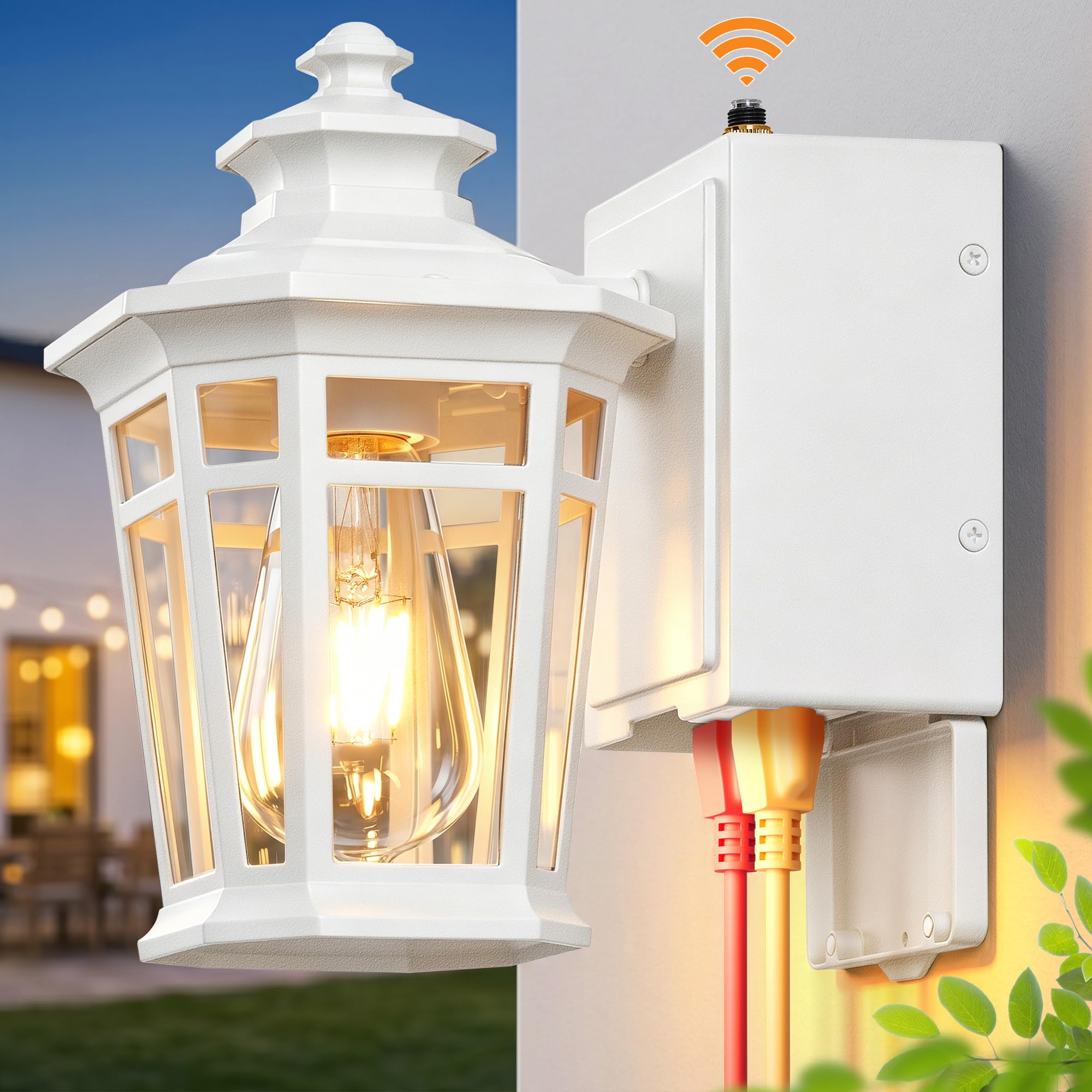 Gleamz Porch Lights with GFCI Outlet, White Dusk to Dawn Outdoor Lighting