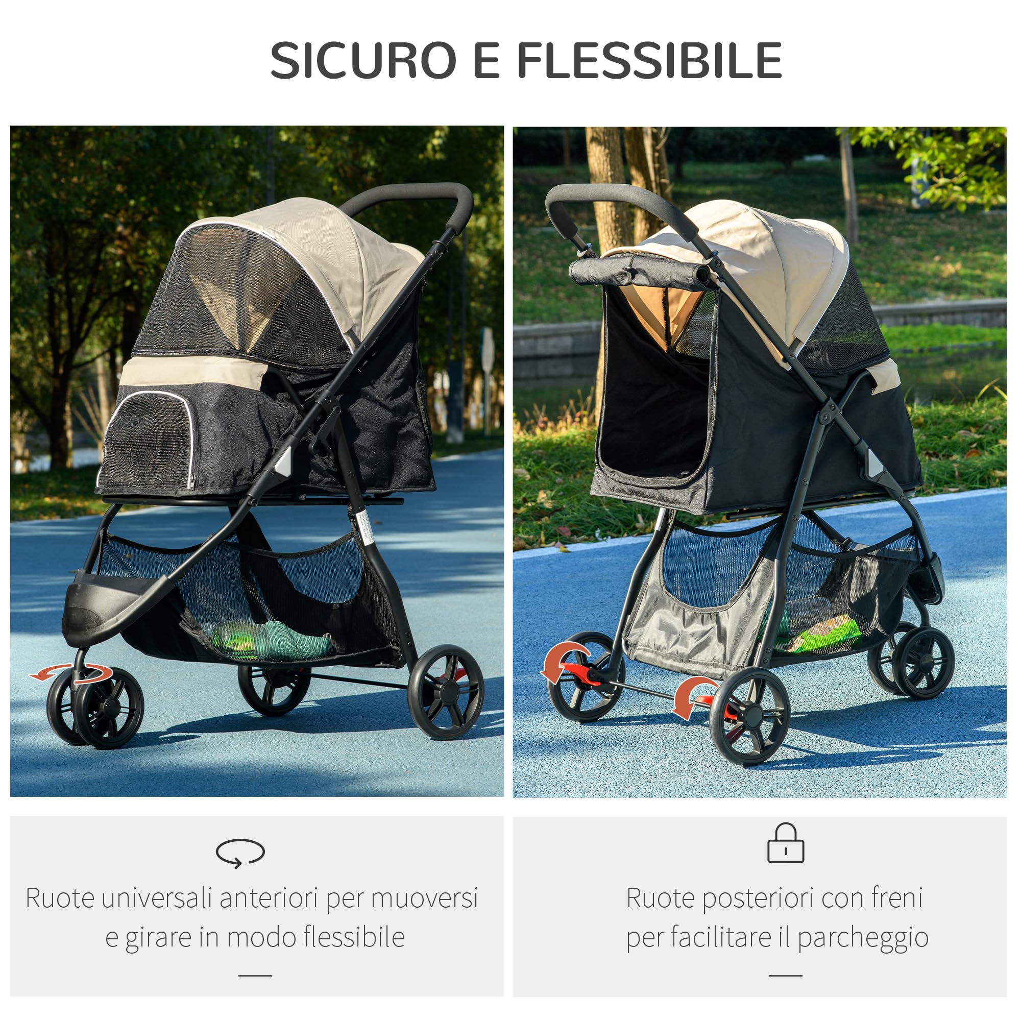 PawHut Passeggino per Cani Piccoli e Mini a 3 Ruote, Passeggino per Animali Pieghevole con Copertura Antipioggia, Cestino e Guinzaglio, Cachi