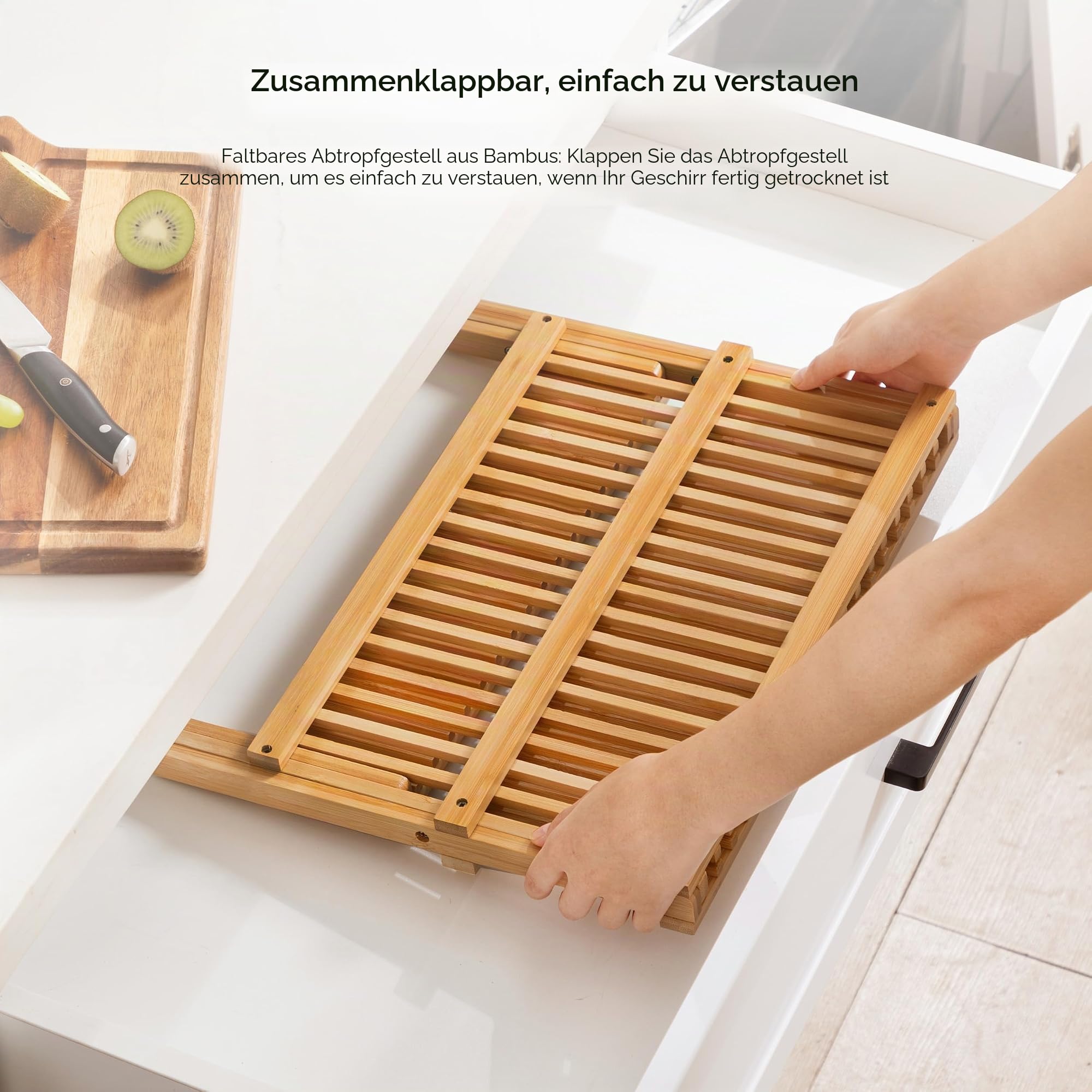 Abtropfgestell mit Utensilienhalter, 3 Ebenen, Bambus, zusammenklappbar, für Küchentheke, großer faltbarer Trockenhalter, Abtropfgestell, Küchenorganizer und Aufbewahrung