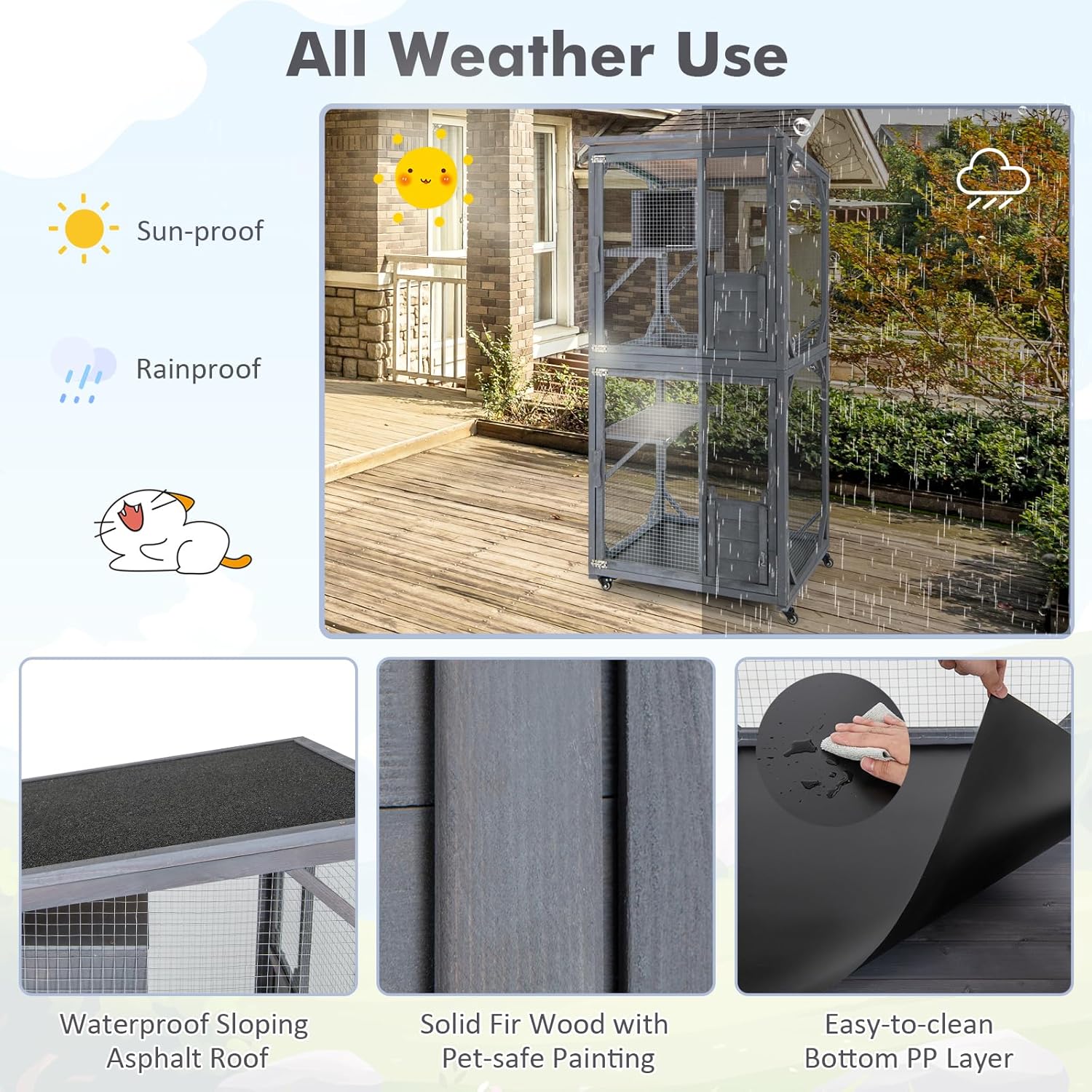 Tangkula Catio Outdoor Cat Enclosure, 72 Inch Wooden Cat House on Wheels with Resting Box, 2 Platforms & Weatherproof Asphalt Roof, Large Kitty Cat Condo Cage Playpen with Enter Doors & PP Layer