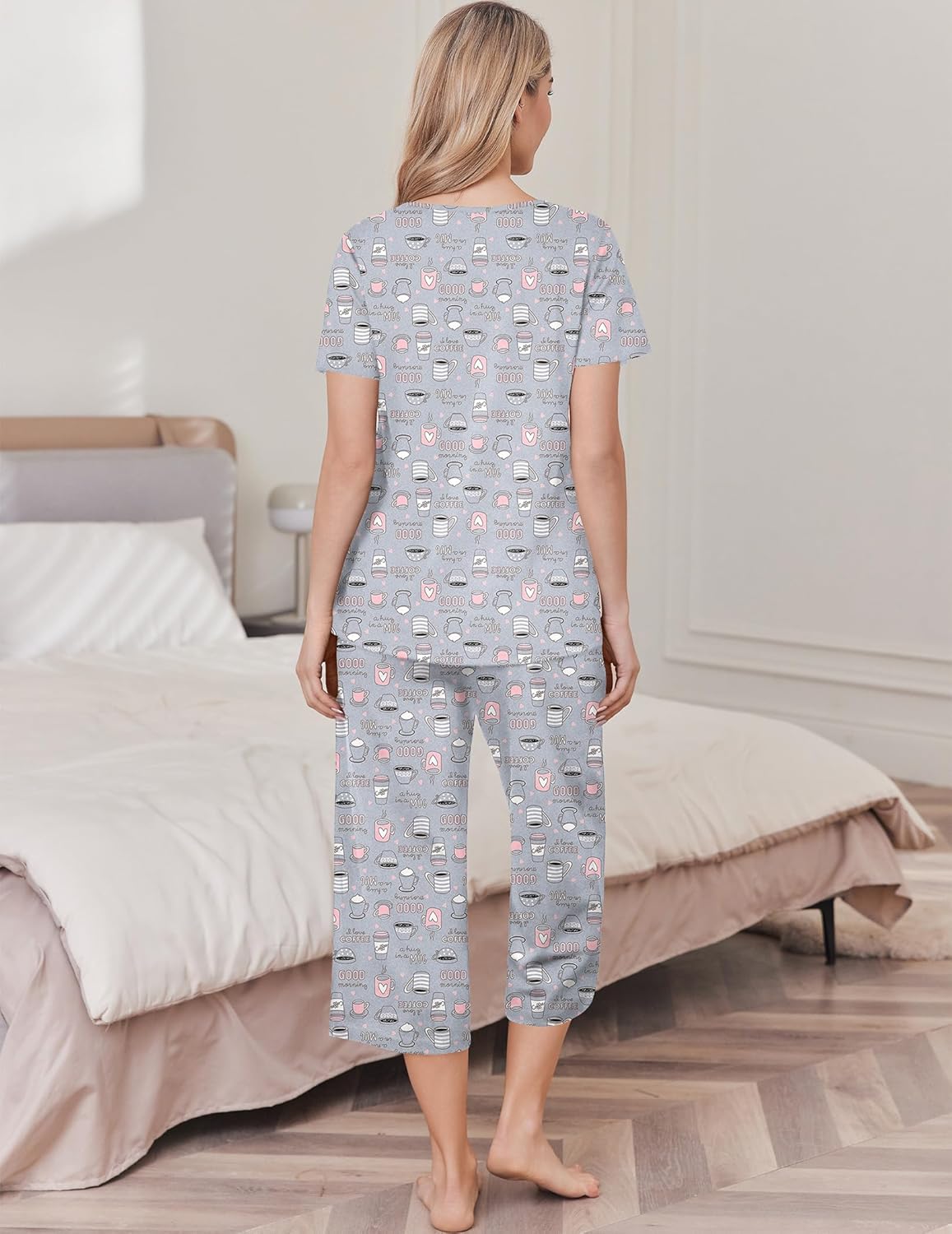 Ekouaer Womens Pajama Sets Soft Cotton Pj Short Sleeve Top with Capri Pants Sleepwear 2 Piece Print Loungewear,S-XXL - Image 3