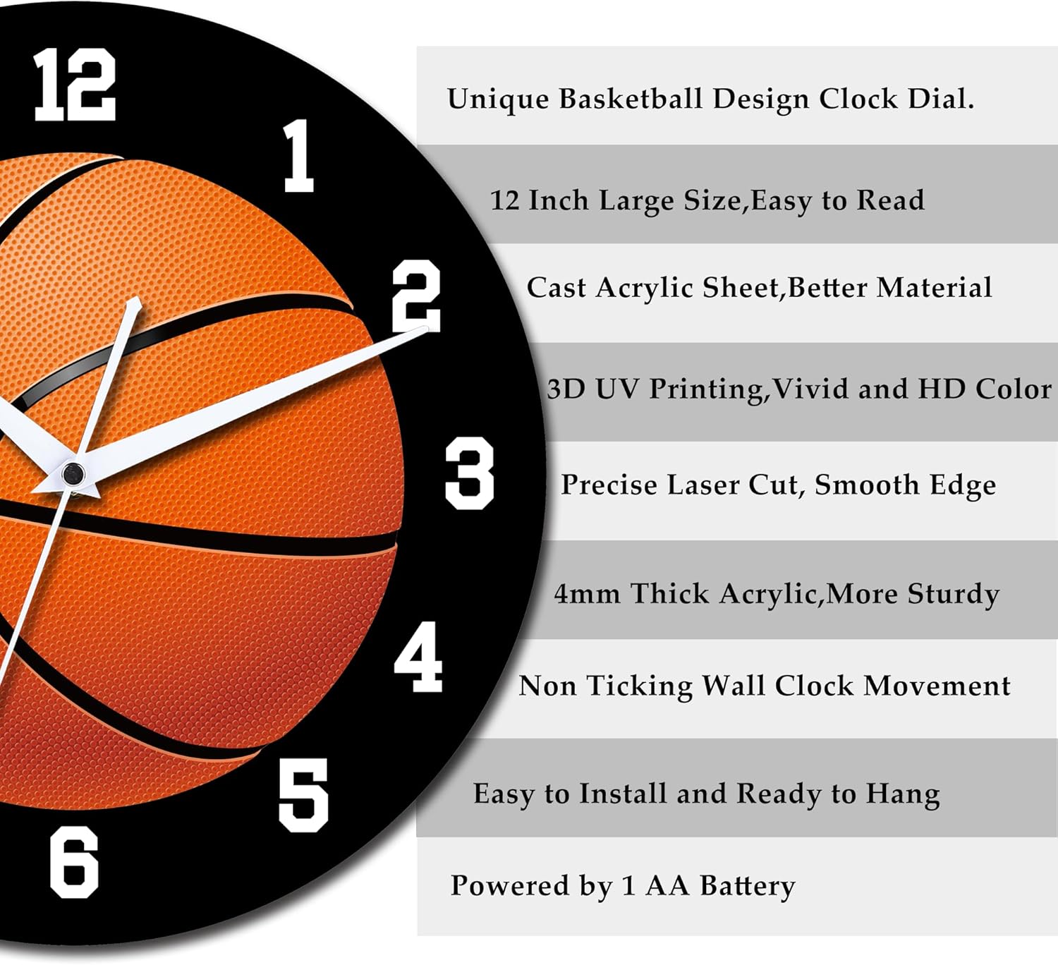 12 Inch Basketball Wall Clock — Silent Non‑Ticking Battery Operated Decorative Analog Wall Clock for Bedroom, Classroom & Office — Modern Sports Decor, Great Gift for Basketball Fans