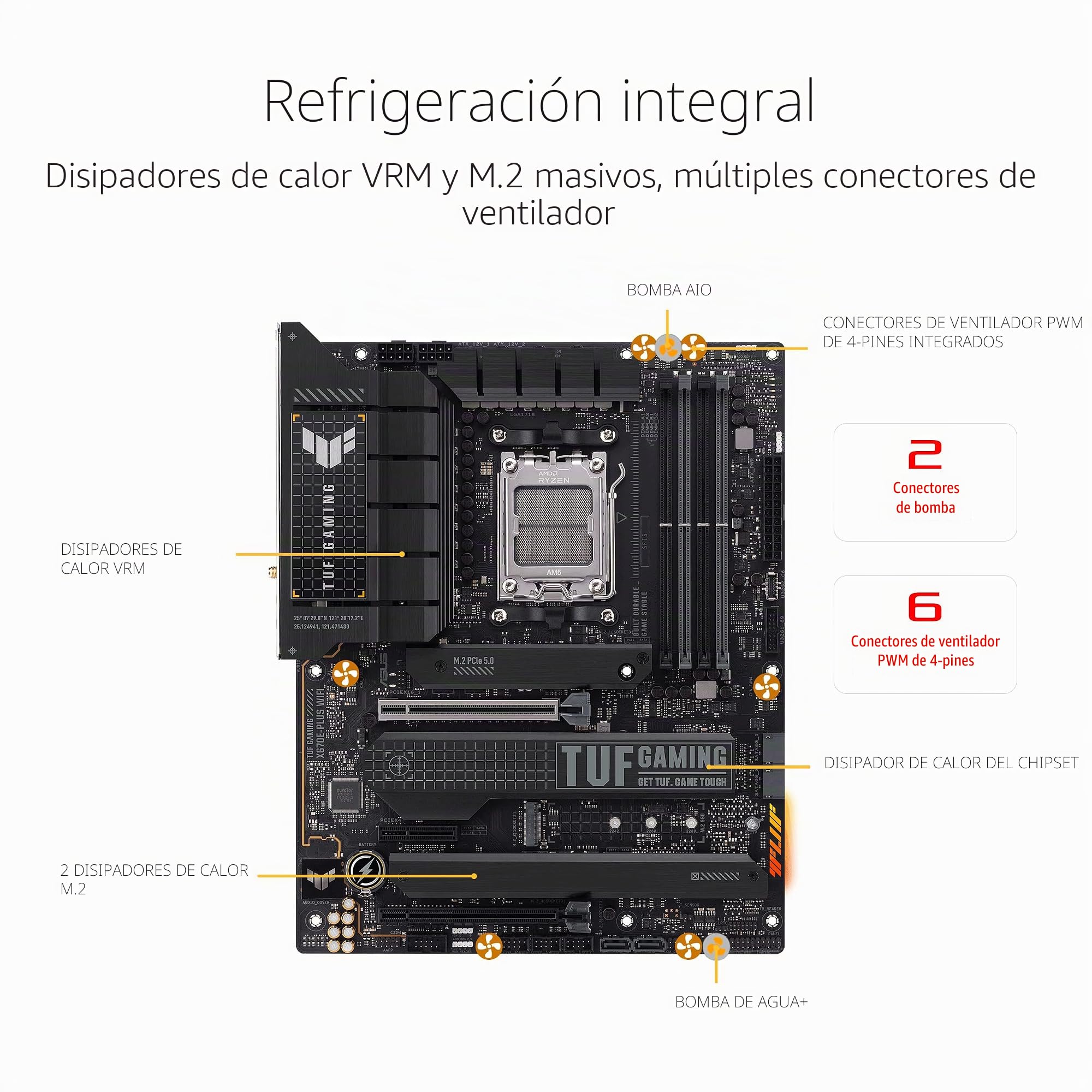 ASUS TUF Gaming X670E-PLUS WiFi - Placa Base ATX (AMD Ryzen AM5, VRM de 16 Fases, PCIe 5.0, DDR5, 4 Ranuras M.2, WiFi 6E y Ethernet de 2,5 GB, Cabezal USB 4 y Aura Sync)