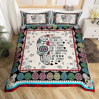 Bohemian Comforter Cover, Sugar Skull Flower Bedding Sets, Skeleton Floral Duvet Cover Set, With Inspirational Quote Pastoral Bedspreads Cover Twin Size 2 Pieces Bedroom Home Decor For Men And Women