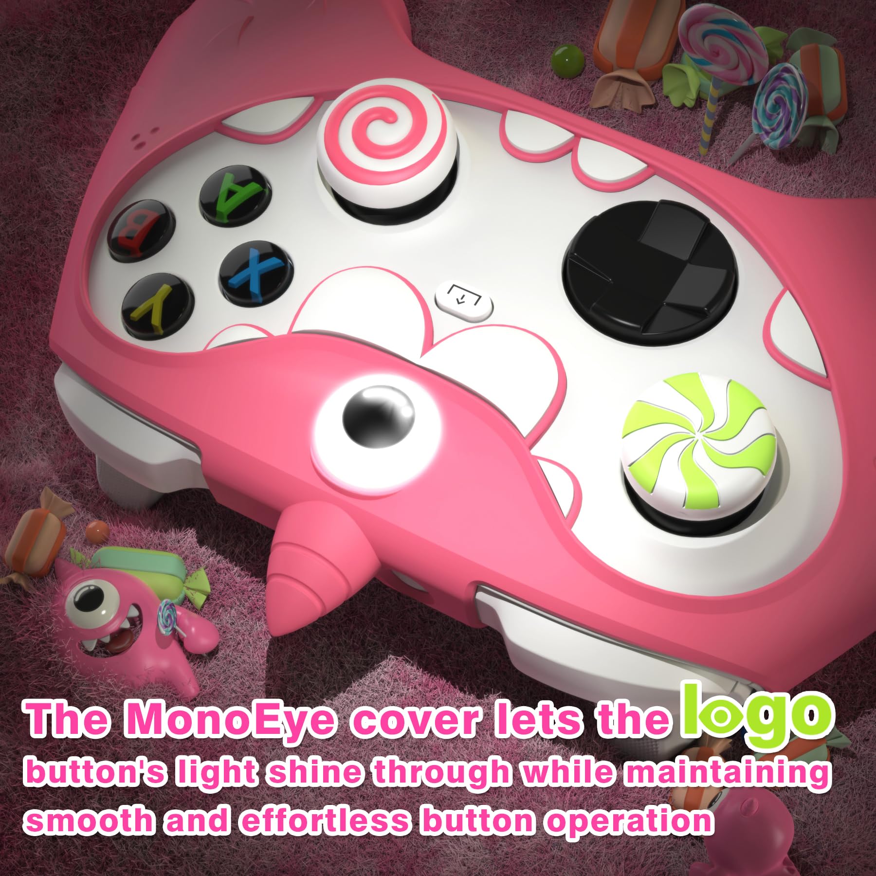 playvital Coque Manette pour Xbox Series X S Accessoires,Housse Protection Silicone pour Xbox Core Controller,Cover Skin avec Capuchon Joystick & Autocollant-Rose,Design MonoEye Monster