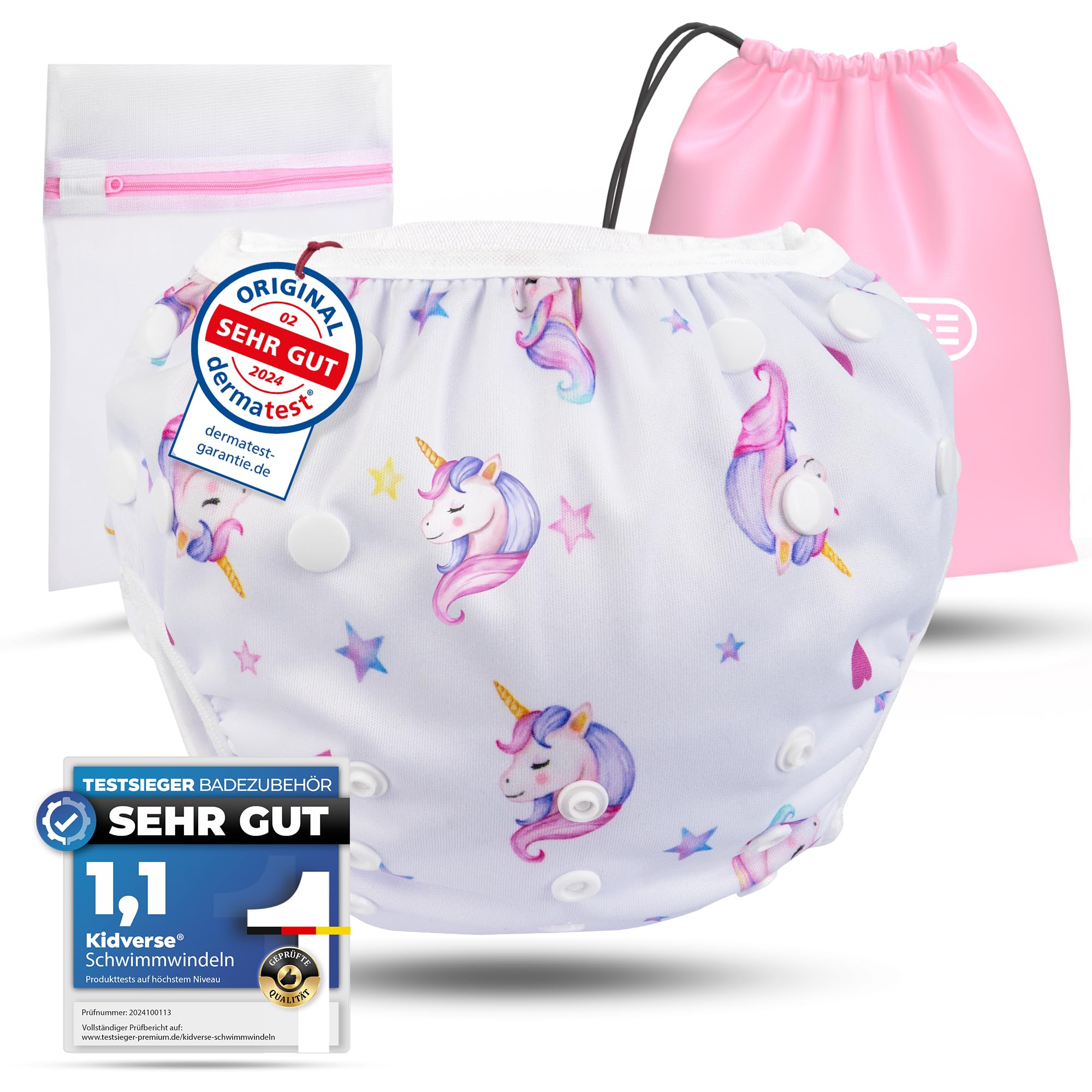 KIDVERSE Schwimmwindel Baby Badehose 0-3 Jahre - Hautfreundliche Schwimmwindeln wiederverwendbar & saugstark - Größenverstellbare Badewindel Baby Schwimmhose Tragetasche & Wäschenetz (Weiß Unicorns)