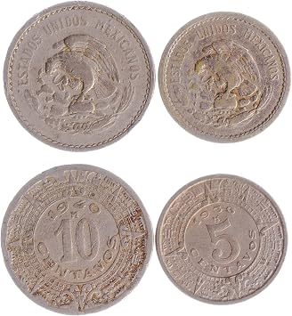 2 Coins Set from Mexico | Mexican Coin Set Collection 5 and 10 Centavos | Circulated 1936-1946 | Old Collectible Currency for Collectors, Numismatic Album or Money Holders