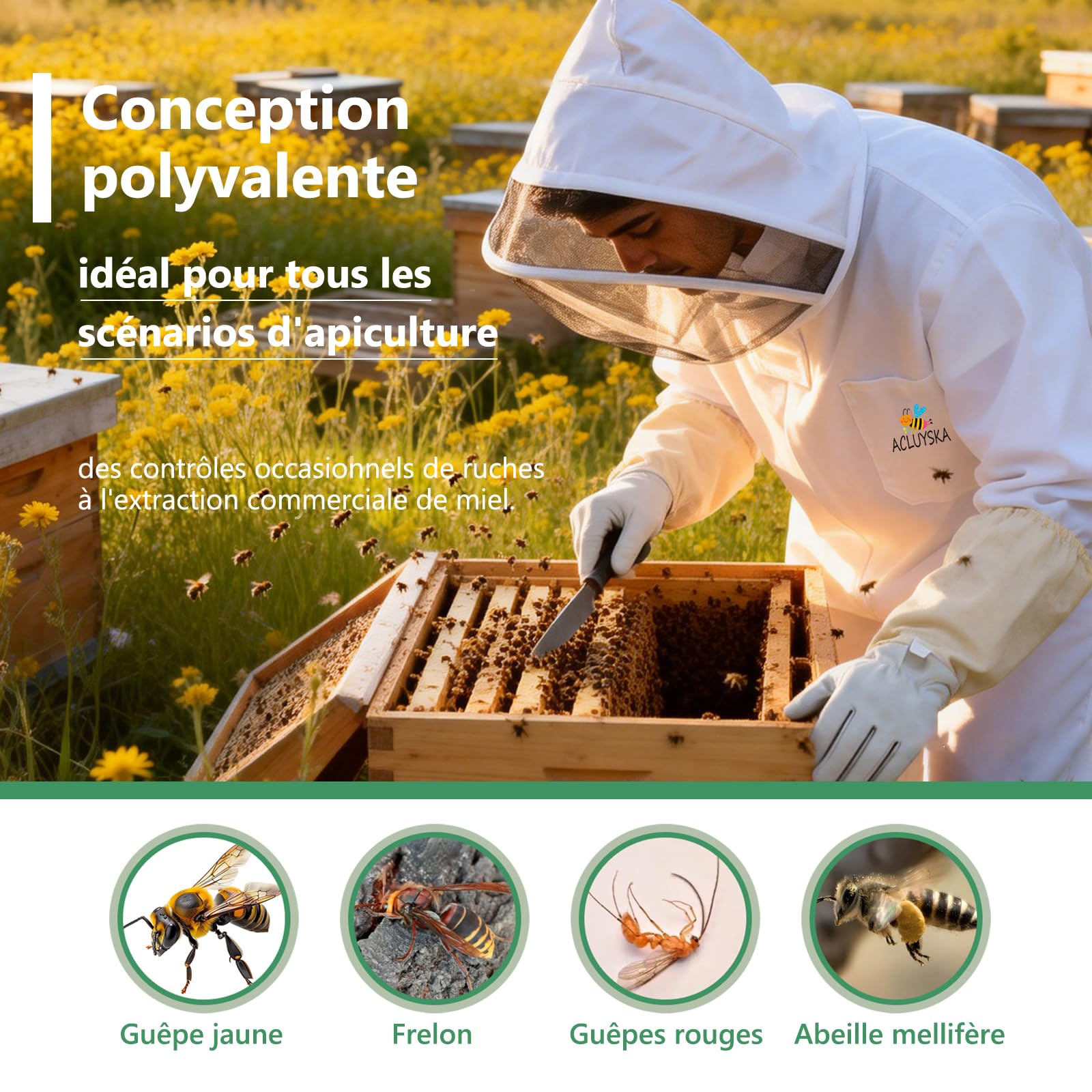 Combinaison Apiculteur Homme Femme Anti Guêpes, Tenue Apicole Polycoton Anti-Piqûres avec Gants Apiculture et Capuche Ventilée Combinaison Apiculture Complète Anti Guêpes(S)