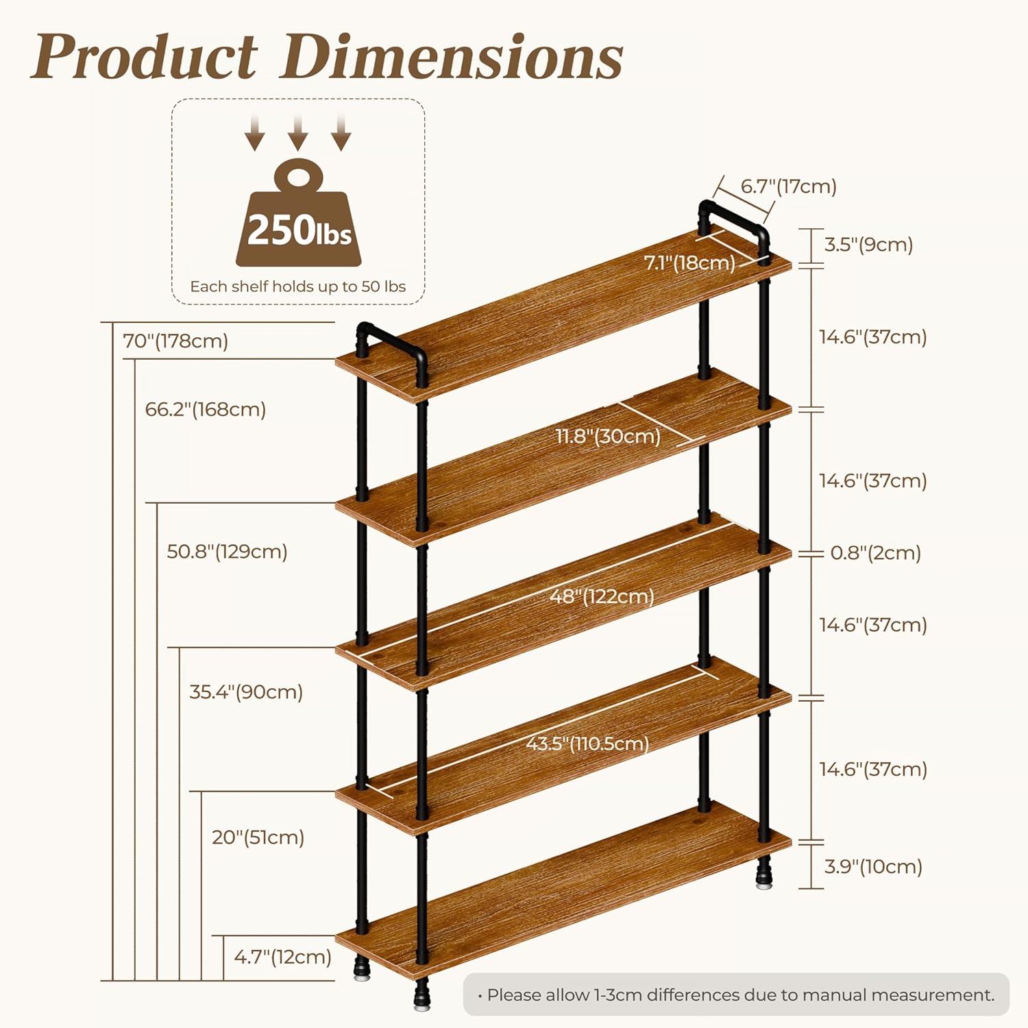 Industrial Bookshelf, Rustic Open Bookcase, 5 Tier Wood and Metal Bookshelf, Solid Pine Wood and Iron Pipe Tall Narrow Storage Shelf for Living Room Bedroom Office Kitchen