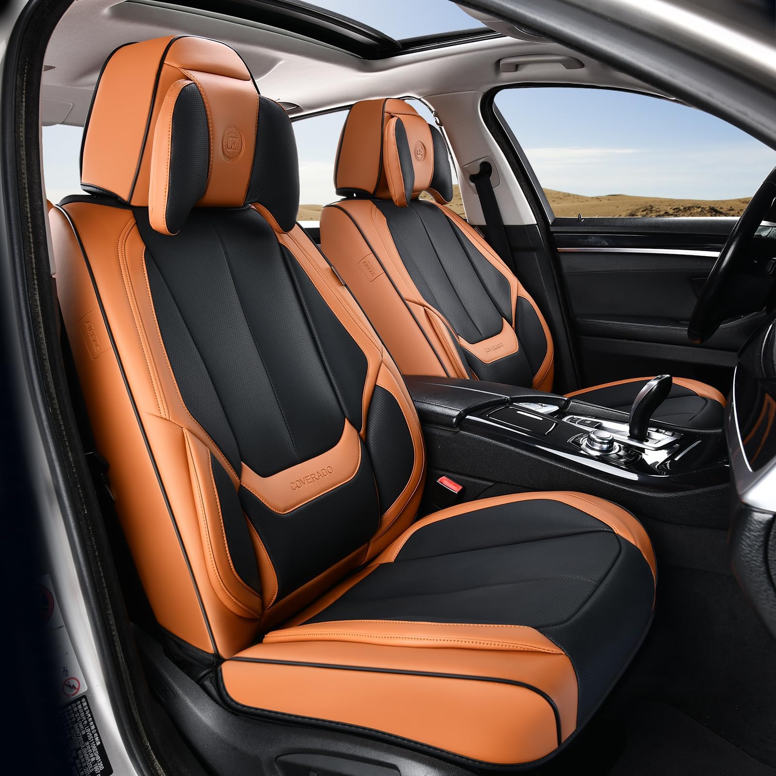 Coverado Universal Seat Covers Front, 2-Pack Universal Seat Covers for Cars, Waterproof Nappa Leather Car Seat Covers with Head Pillow, Auto Protectors Fit for Most SUV Pick-up Truck-Black&amp;Brown