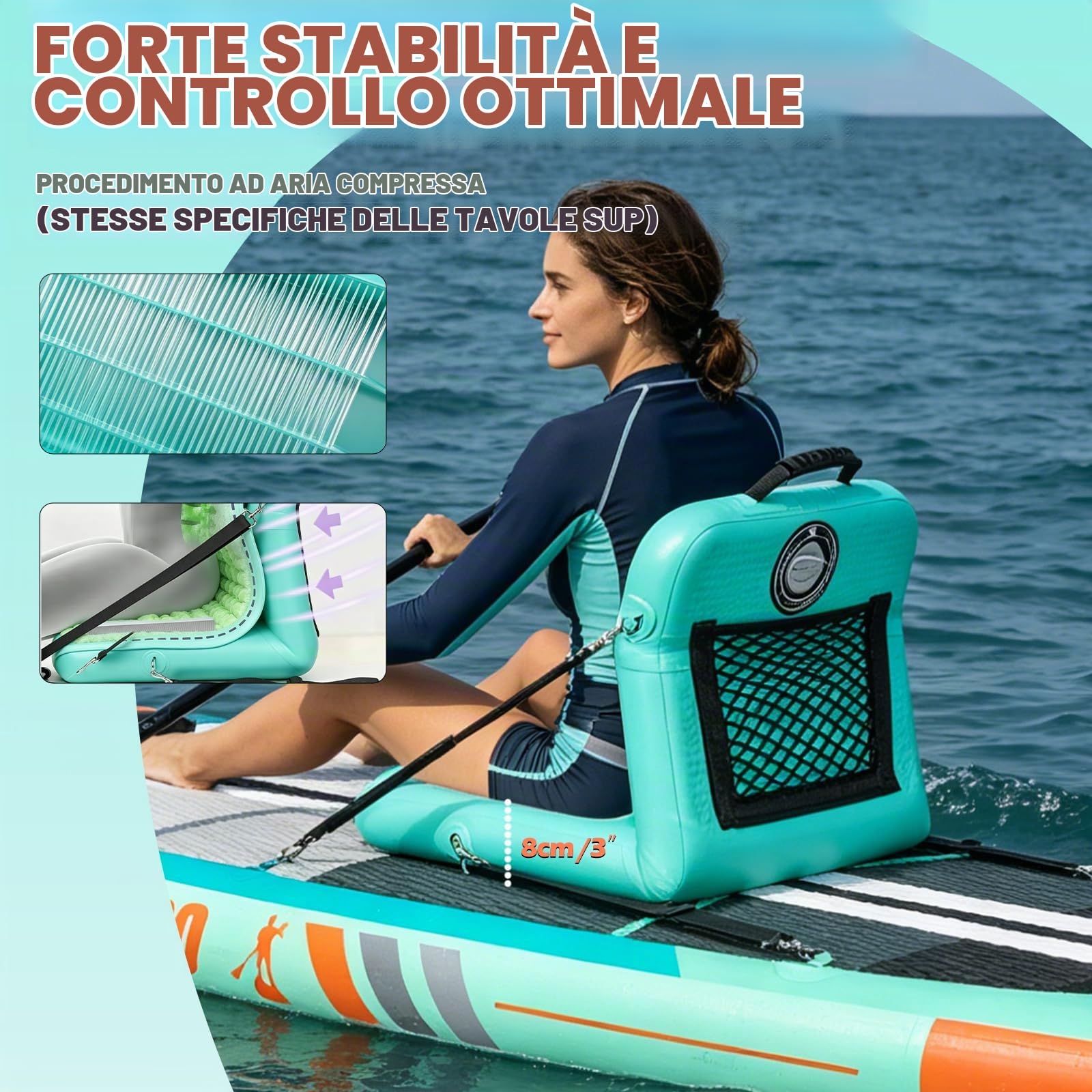 DURAERO Sedile gonfiabile per kayak con schienale, sedile per SUP e kayak con superficie antiscivolo in EVA, sedile comodo per accessori per stand up paddle board