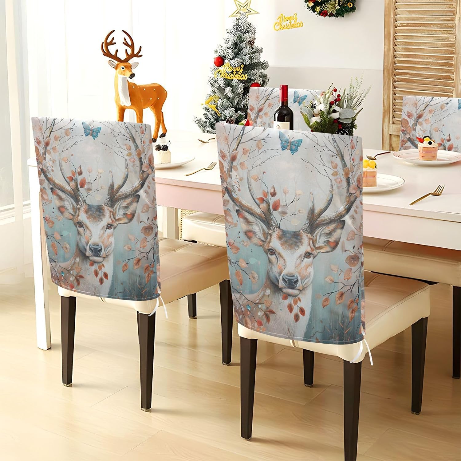 ALAZA Deer Leafs Branches Butterfly Chair Back Cover Set of 6, Washable Reusable Removable Chair Slipcovers Decorative Chair Cover for Home Kitchen Wedding Party