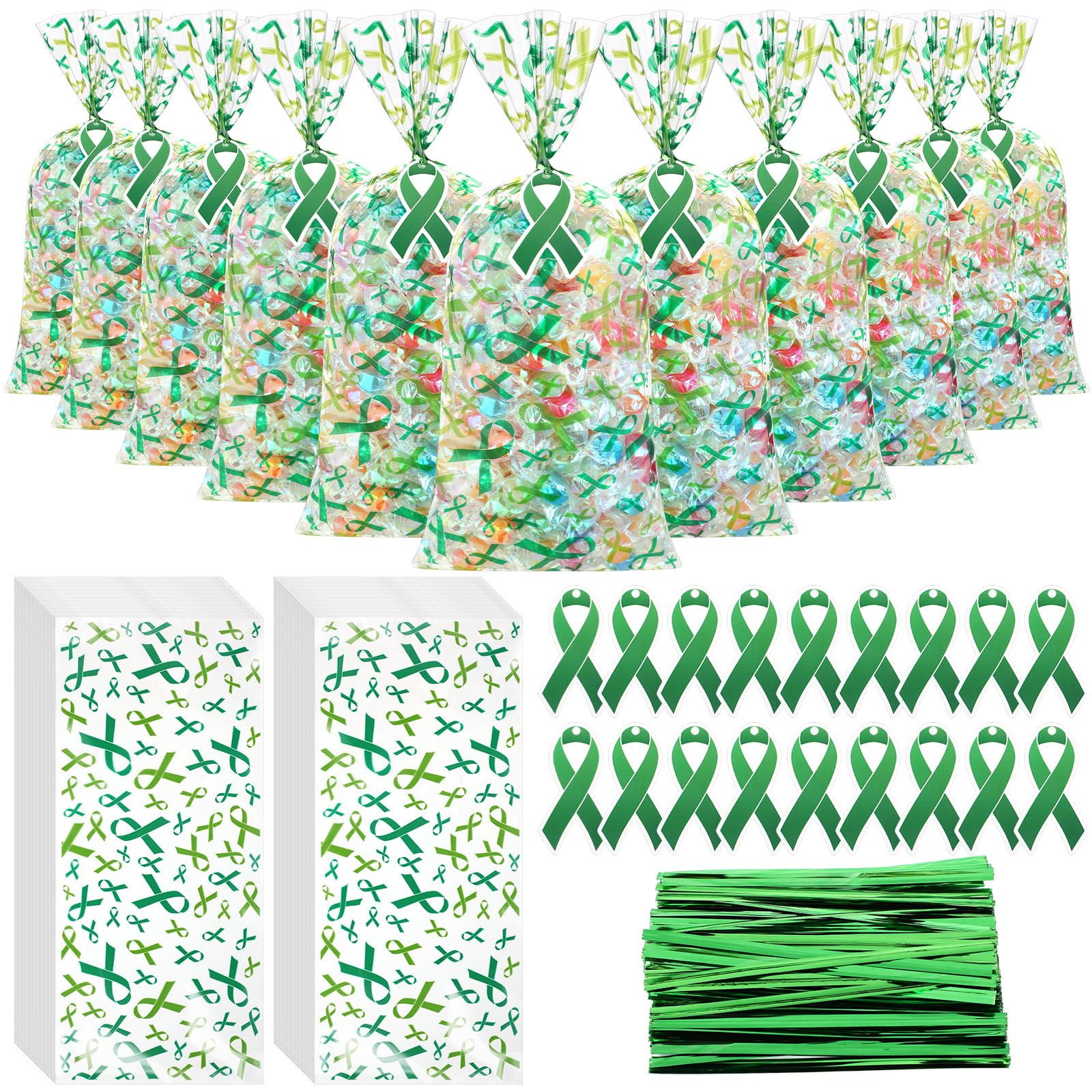 Gueevin 150 Set Mental Health Awareness Cellophane Gift Bags Bulk Green Ribbon Mental Health Awareness Items Treat Goodie Candy Bag with Twist Tie