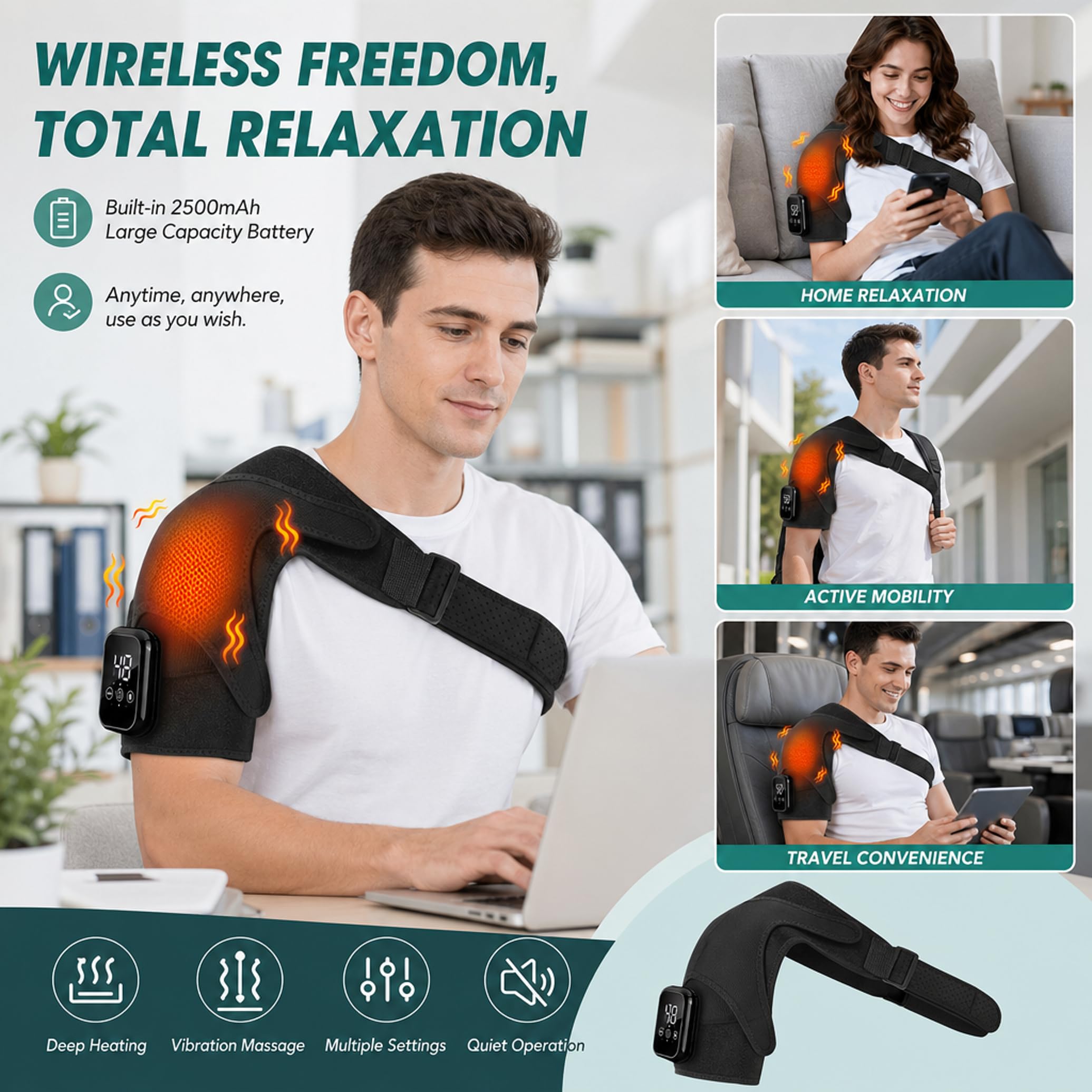 Schultermassagegerät Triple, Nacken Schulter Massagegerät Gerät mit Vibration & Wärme, 5000mAh Schulterbandage Schultergurt Muttertagsgeschenk Vatertagsgeschenk für Zuhause Büro