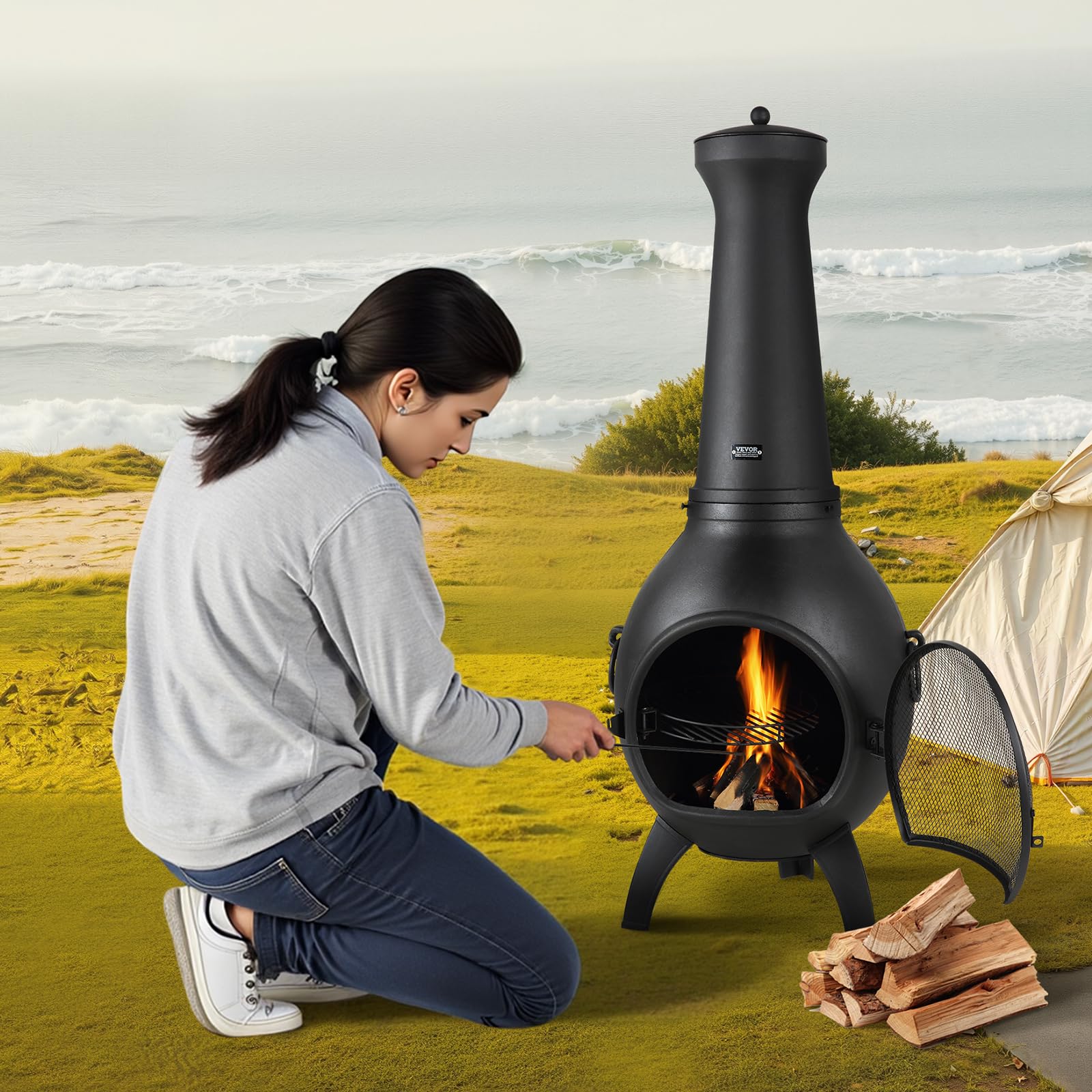 VEVOR Chimenea de Leña Exteriores 457 mm, Chimenea Esférica para Barbacoa y Calentamiento con Malla para Parrilla Revestimiento para Tapa a Prueba de Óxido para Patio, Jardín, 430 x 420 x 1120 mm