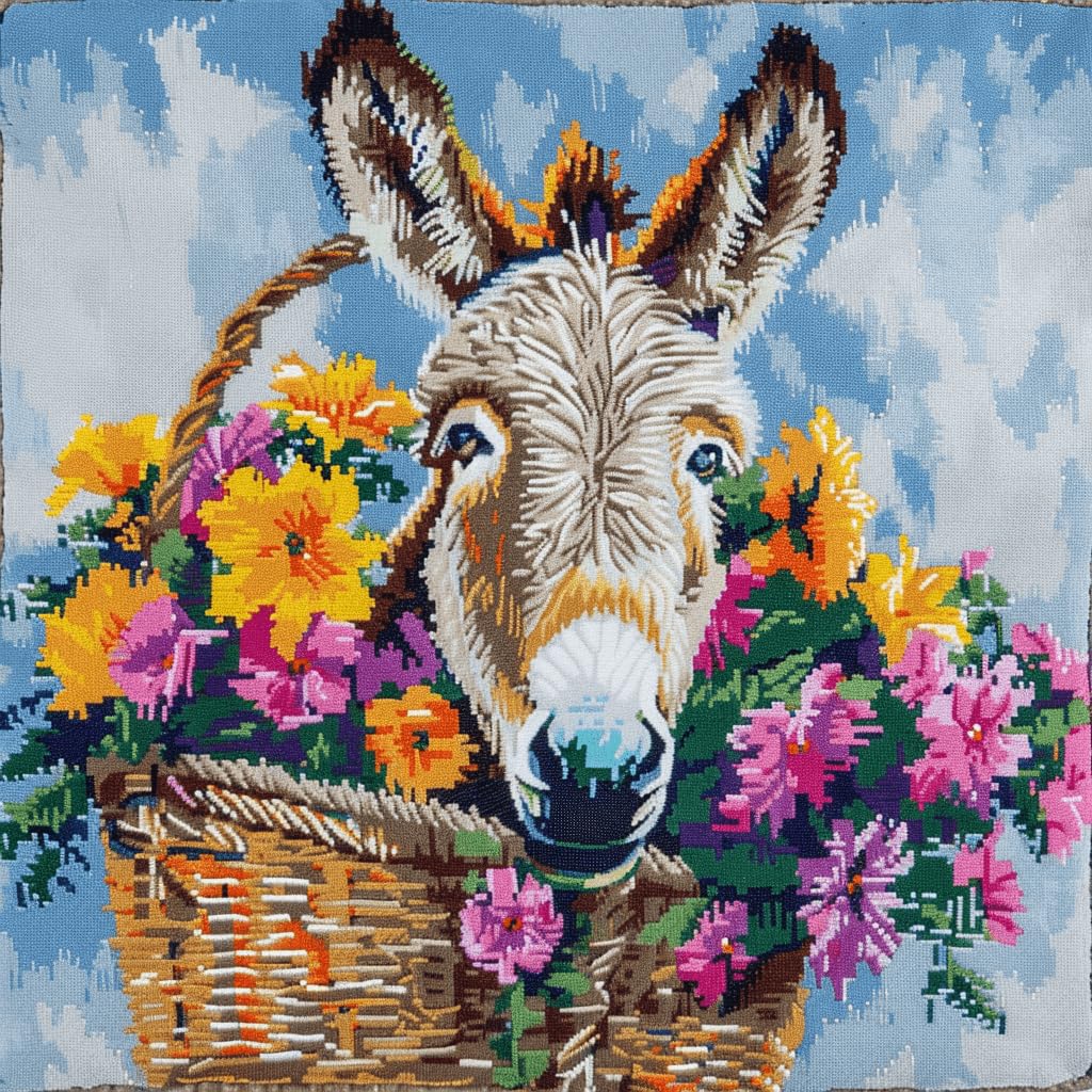 WallustrioaW DIY Latch Hook Kits Pillow Cover,Donkeys and Flowers