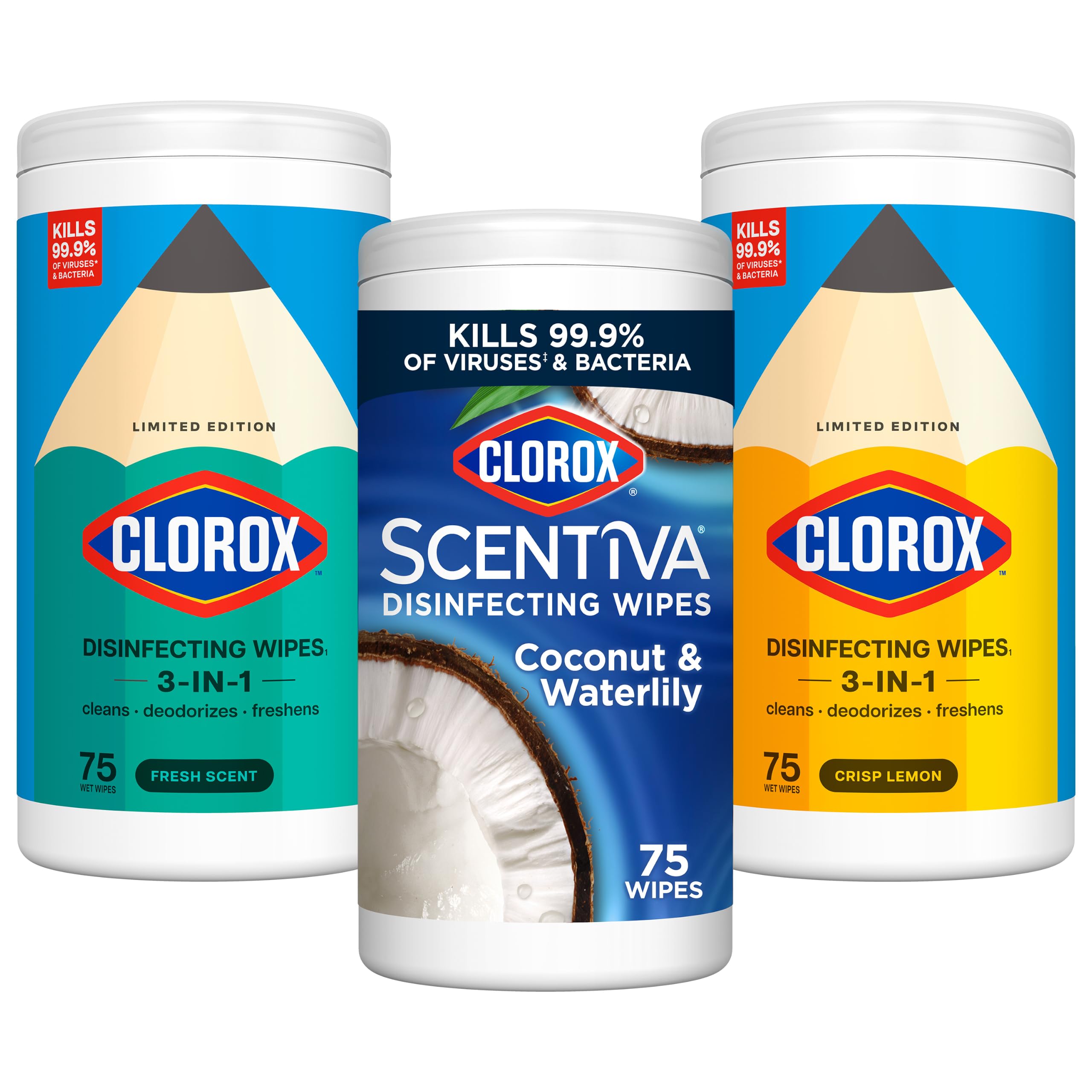 Clorox Disinfecting Cleaning Wipes, Bleach Free, Crisp Lemon, Fresh Scent, Scentiva Coconut and Waterlily, 75 Count Each (Package May Vary)