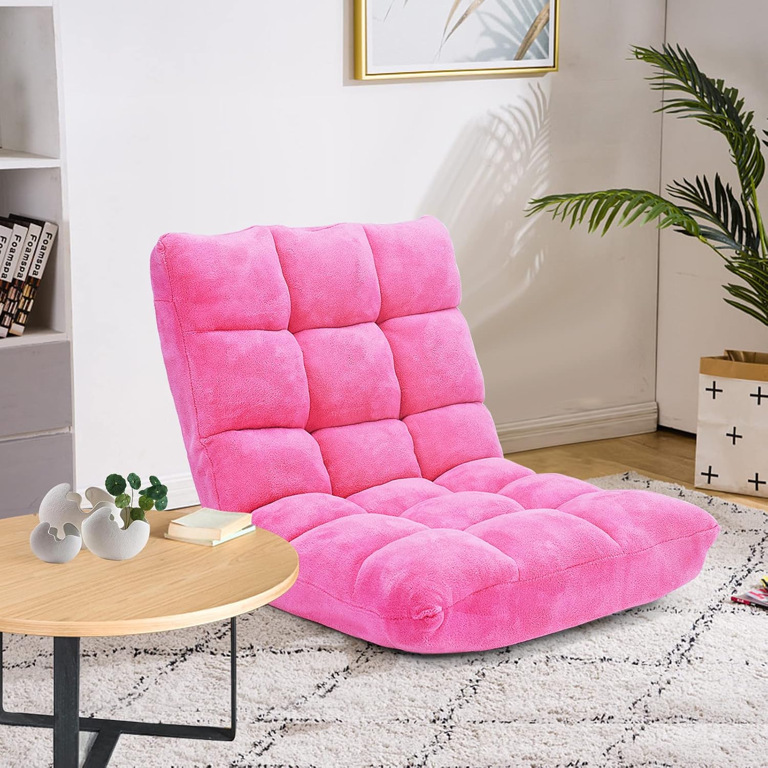 LDAILY 14-Position Floor Chair, Adjustable Gaming Chair with Strong Back Support, Padded Cushion, Folding Couch Recliner Sofa, Ideal for Floor Seating, Reading, Gaming(Pink)
