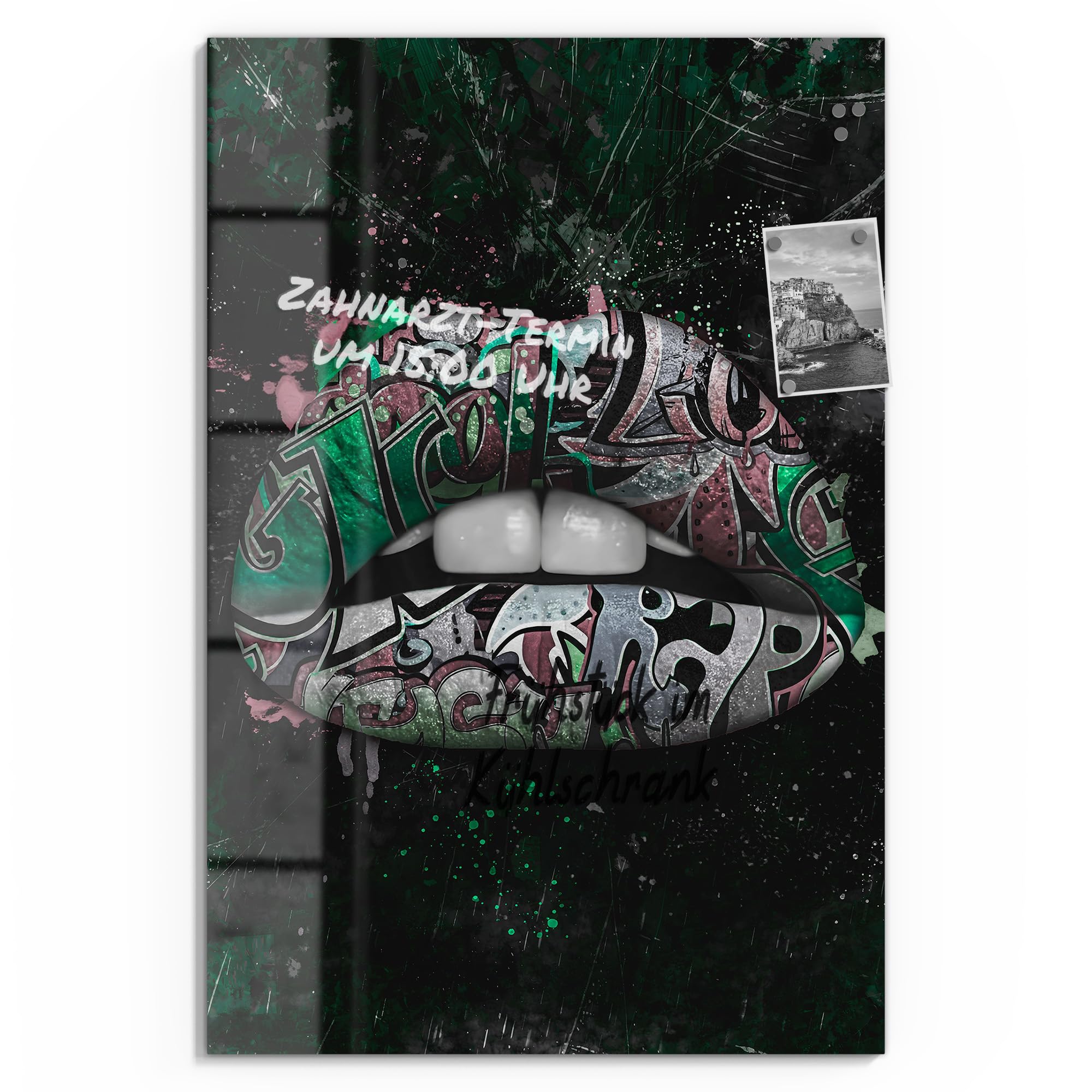 DEQOART Lavagna magnetica in vetro | 60 x 90 cm | motivo "labbra graffiti intensi" | Lavagna magnetica con magneti, penna e panno per cucina e ufficio | Lavagna magnetica e scrivibile