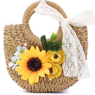 Straw Tote Bag, DIY Creative Summer Straw Beach Bag with Free Flower, Lace& Pearl Decoration Kit - Includes Glue Stick - Perfect Mini Summer Boho Handbag Purse for Women