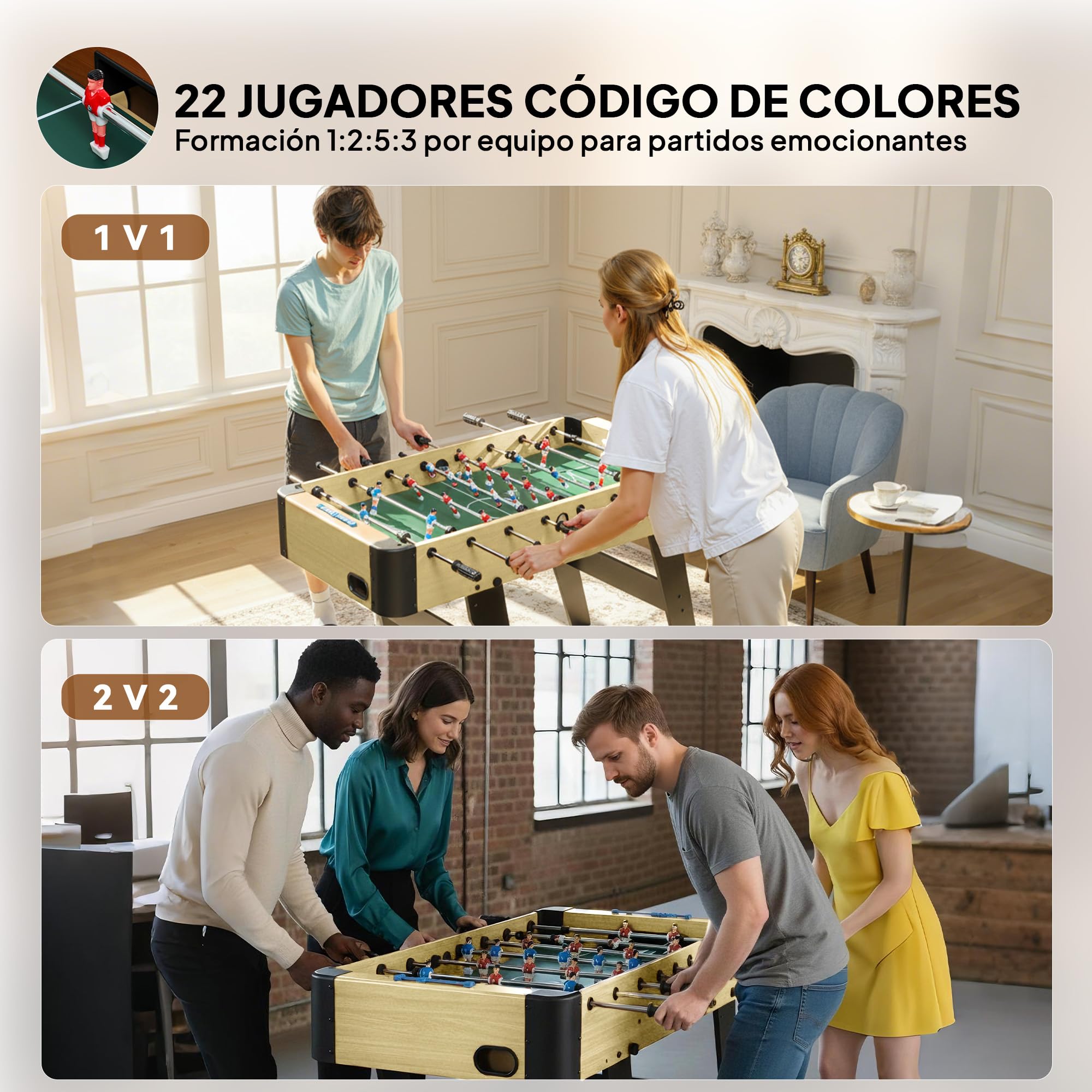 SPORTNOW Futbolín para Niños Plegable, Mesa de Futbolín de Madera con 2 Marcadores, 8 Asas, 22 Jugadores, 8 Barras y 2 Bolas, para 2 a 4 Personas, Adultos, Familias, Fiestas, 118x107,5x78 cm, Natural