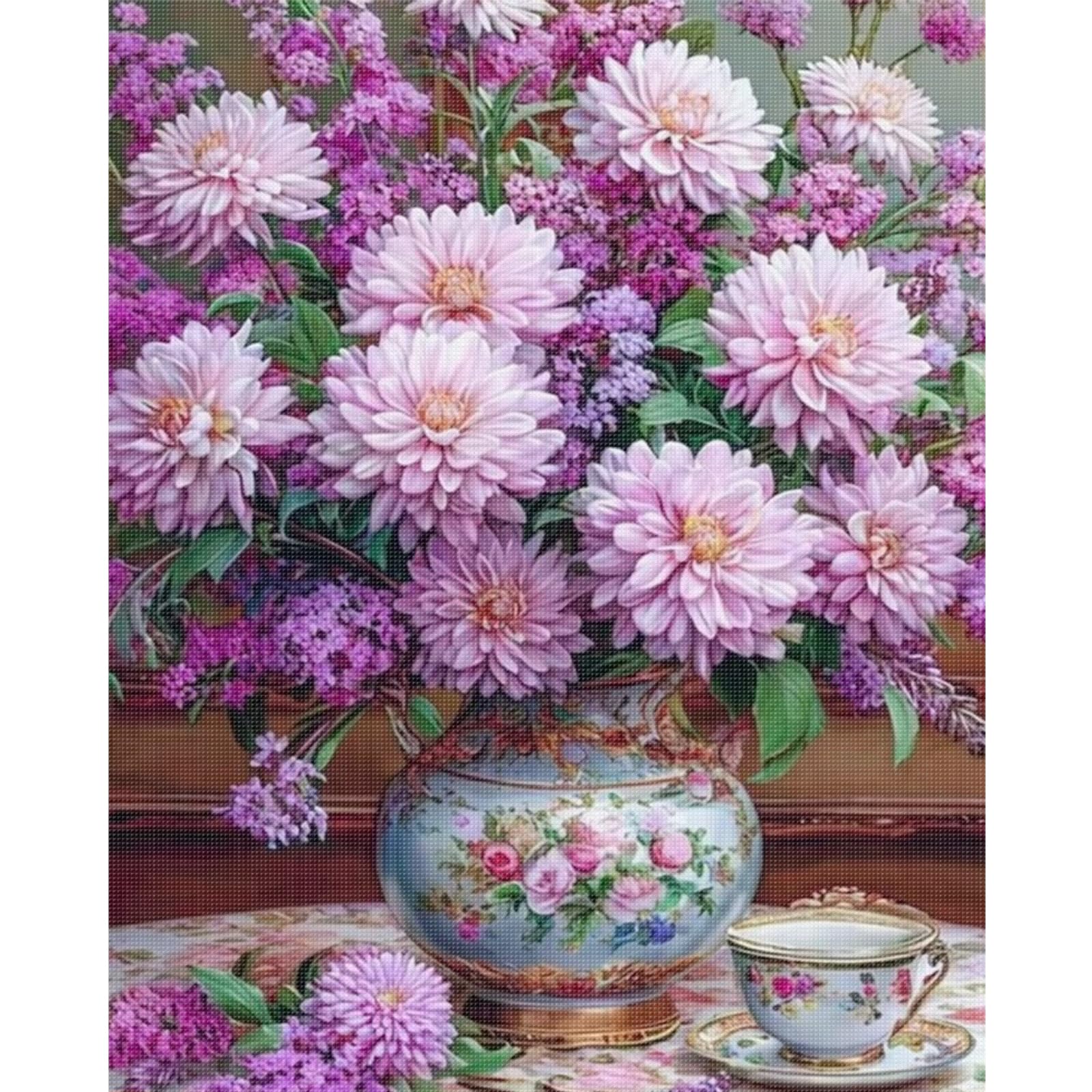 Purple Dahlia Vase Full 11CT DIY Stamped Needlework Embroidery Kit 15.74x19.68inch Embroidery Needlepoint Starter Kits Cross Stitch Art and Crafts Kits for Beginners Adults Home Decor