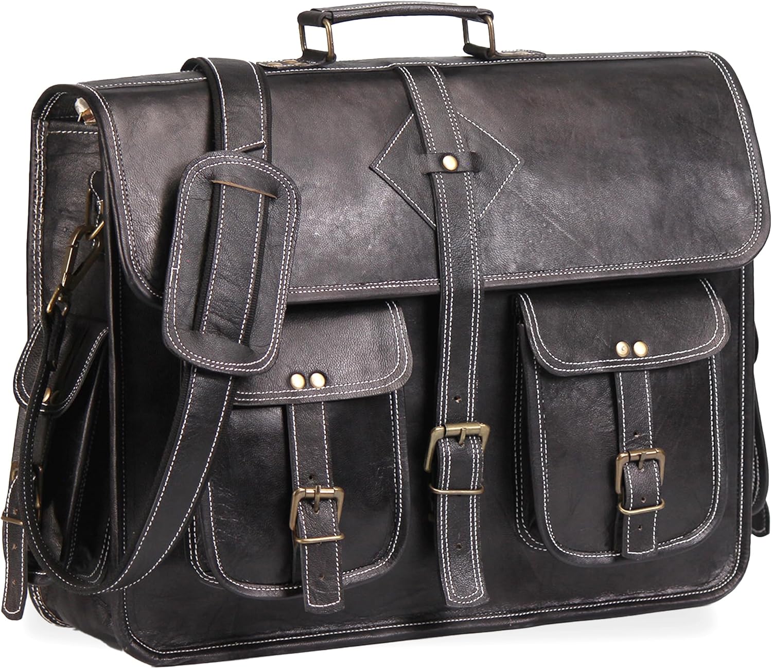 Vintage Leather Laptop Bag for Men Full Grain Large Leather Messenger bag for men 18 inches with rustic look Brown briefcase (Black) - Image 3