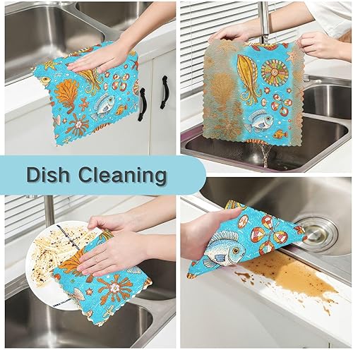 Miniatura 2 de Retro Sea Fish Cuttlefish Blue Absorbent bar Towels Tea Towel Set Terry Dish Cloths for Kitchen Print Camping Soft Martillo para cocina 11x11in 6