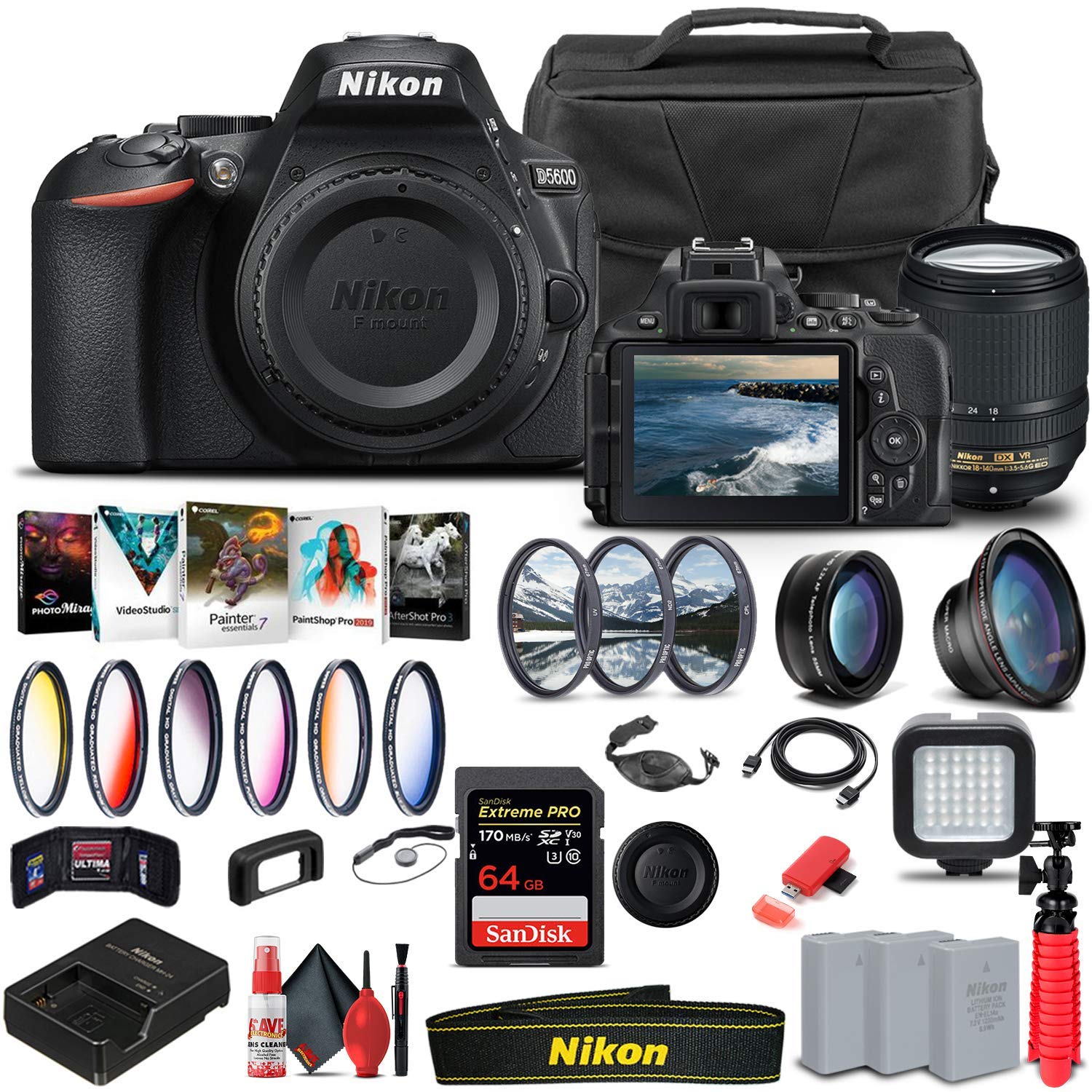 Nikon D5600 DSLR Camera with 18-140mm Lens (1577) + 64GB Memory Card + Case + Corel Photo Software +