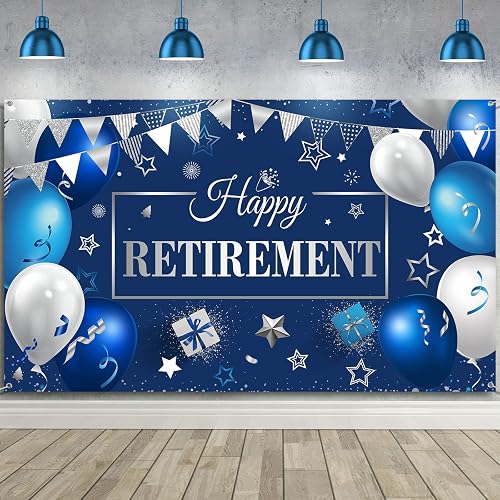 Retirement Party Decorations, Extra Large Fabric Retirement Sign Banner Photo Booth Backdrop Background with Rope for Retirement Party Favor(Blue and Silver, 72.8 x 43.3 inches)