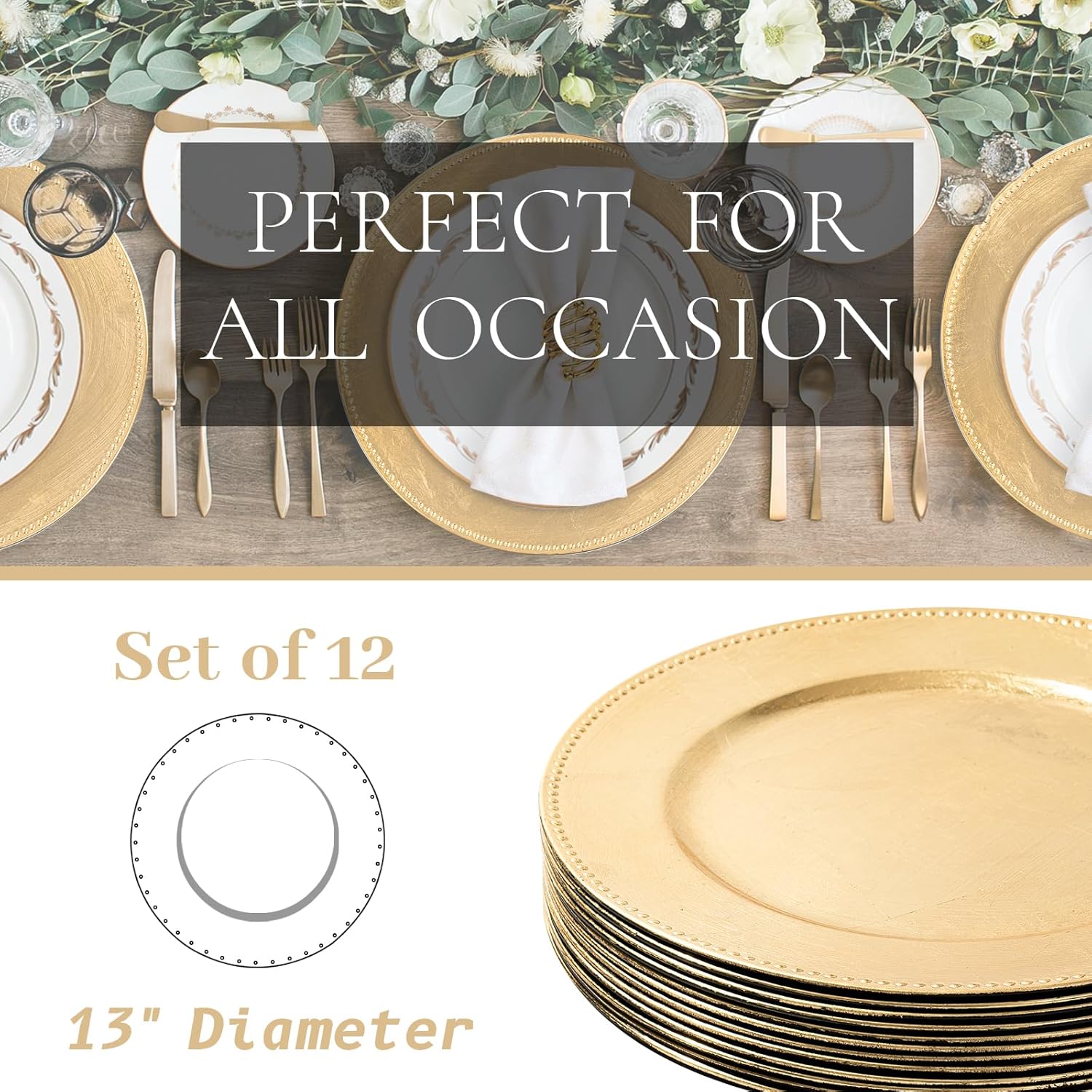 MAONAME Gold Charger Plates Set of 12, Foil 13 Plate Chargers with Beaded, Plastic Round Chargers for Dinner Plates, Table Setting