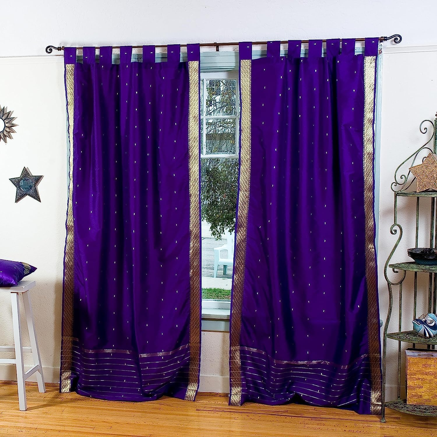 Indian Selections Lined-Purple Tab Top Sheer Sari Curtain/Drape/Panel - 60W x 96L - Pair