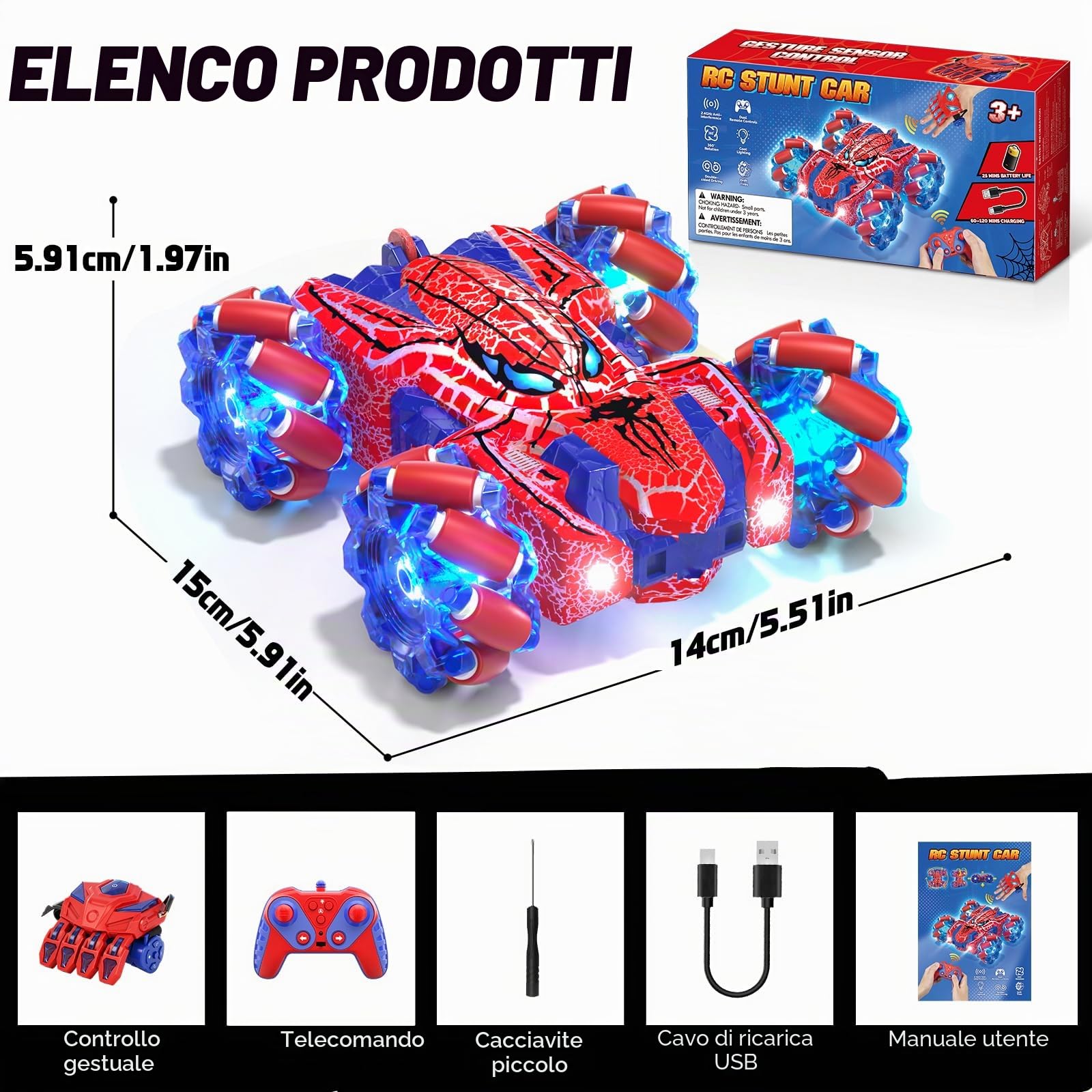 Spider Auto Telecomandata con Riconoscimento dei Gesti a Partire da 4 5 6 7 8 9 10 11 12 Anni, Auto RC a Doppia Faccia con Illuminazione del Corpo, Auto RC Stunt Ricaricabile Controllata (Rosso)