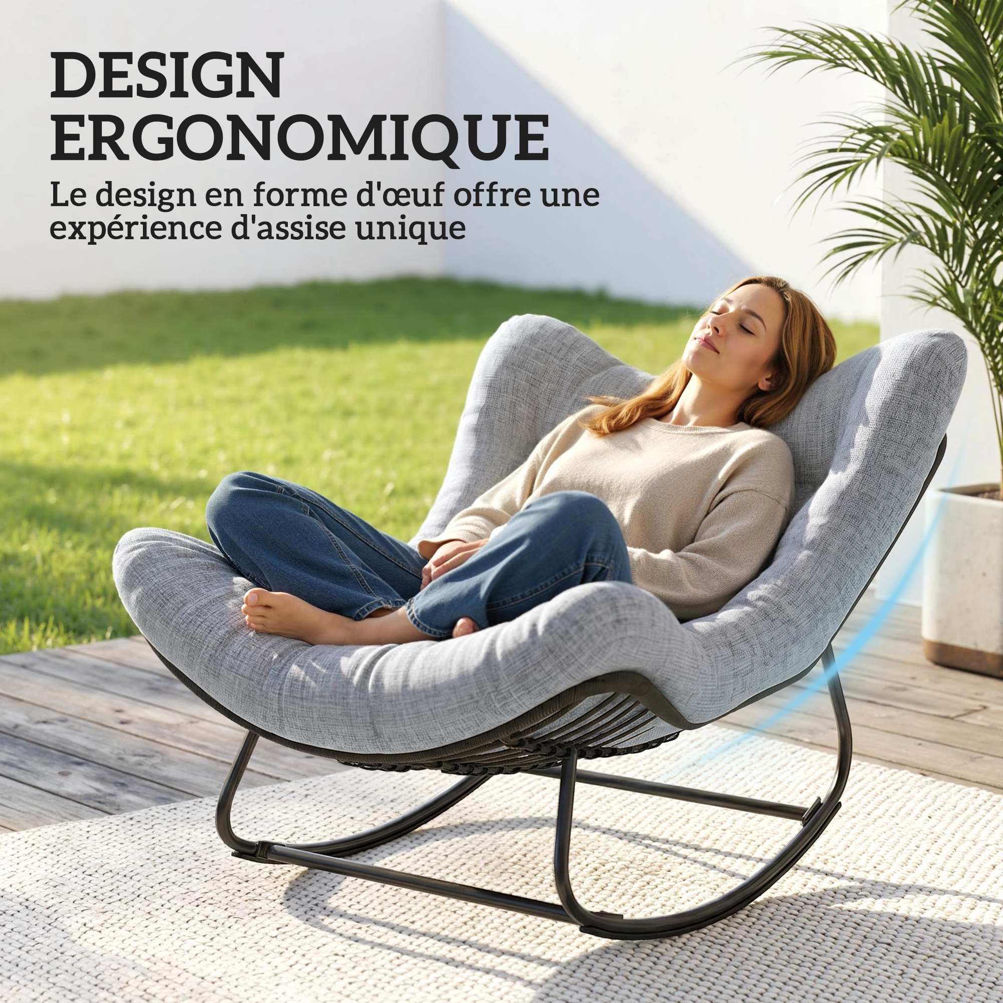 Outsunny Fauteuil à Bascule de Jardin, Chaise à Bascule en Forme d'œuf en résine tressée, Rocking Chair avec Coussin rembourré pour Jardin, Chambre à Coucher, Salon, Gris