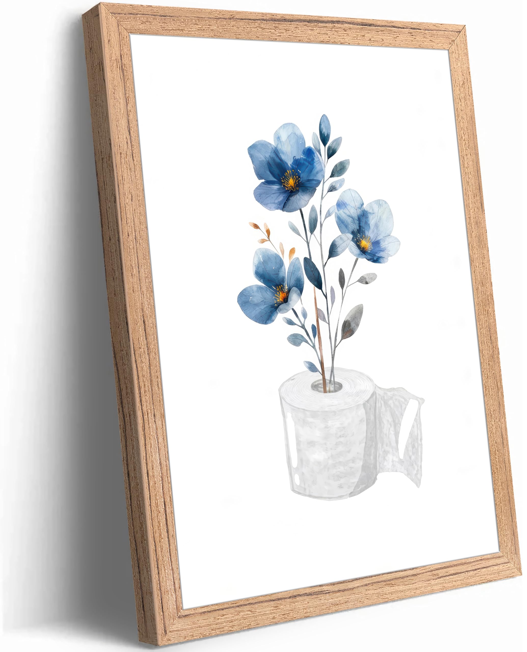 Framed bathroom Canvas Wall Art with blue flowers embellishing toilet paper Painting Picture Wall Decor elegant floral bathroom Poster Print Artwork forliving room bedroom restroom Home Decoration