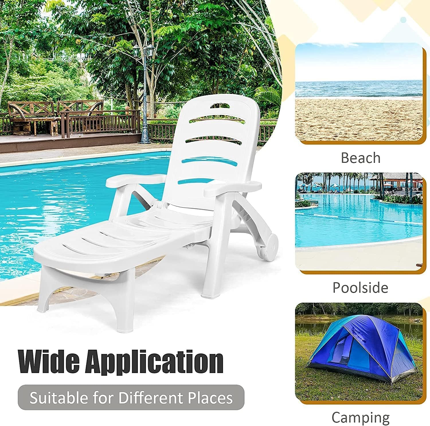 LDAILY Moccha Plastic Folding Lounge Chair, 5-Position Adjustable Chaise Lounge with 2 Rolling Wheels, Armrest, Outdoor Chaise Chair for Patio, Beach, Backyard, Poolside, Home (1, White)