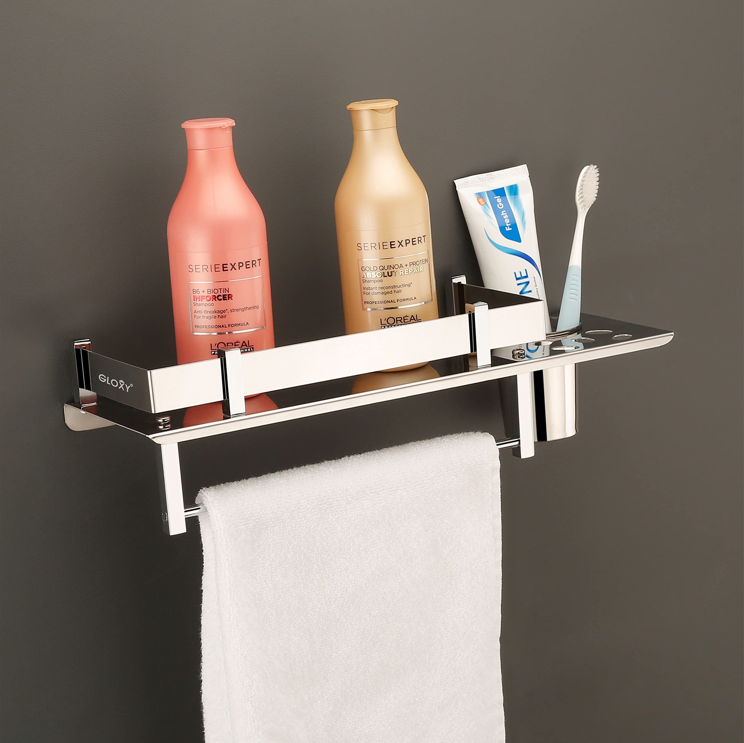 GLOXY ENTERPRISE Stainless Steel 3 in 1 Multipurpose Bathroom Shelf/Rack/Towel Hanger/Tumbler Holder/Bathroom Accessories (15 x 6 Inches) (B08PKYLHXY) Amazon Price History, Amazon Price Tracker
